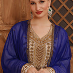 Closeup of Hayat Blue and White Moroccan Caftan with Hand Embroidery