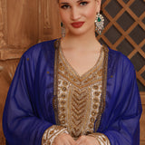 Closeup of Hayat Blue and White Moroccan Caftan with Hand Embroidery