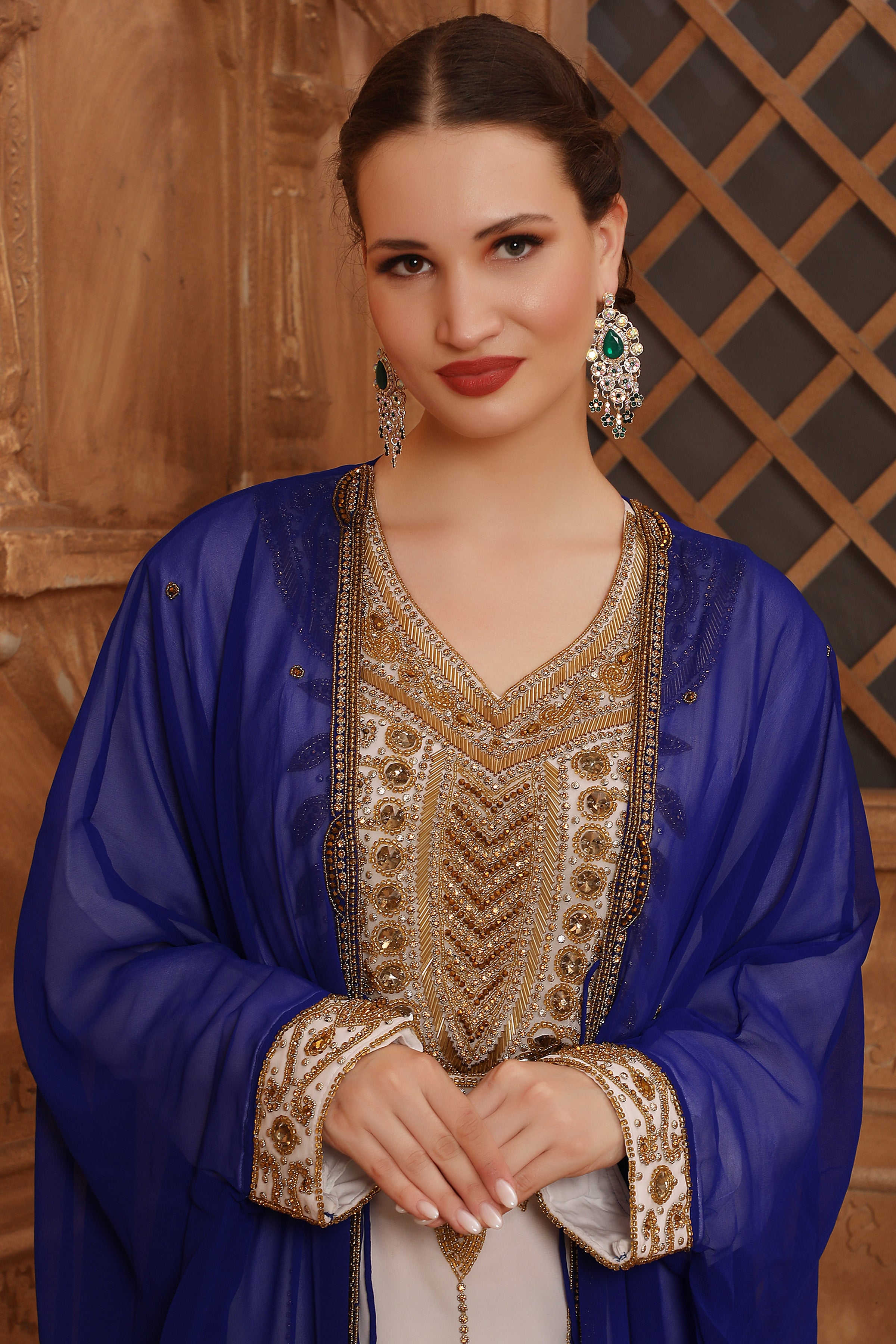 Closeup of Hayat Blue and White Moroccan Caftan with Hand Embroidery