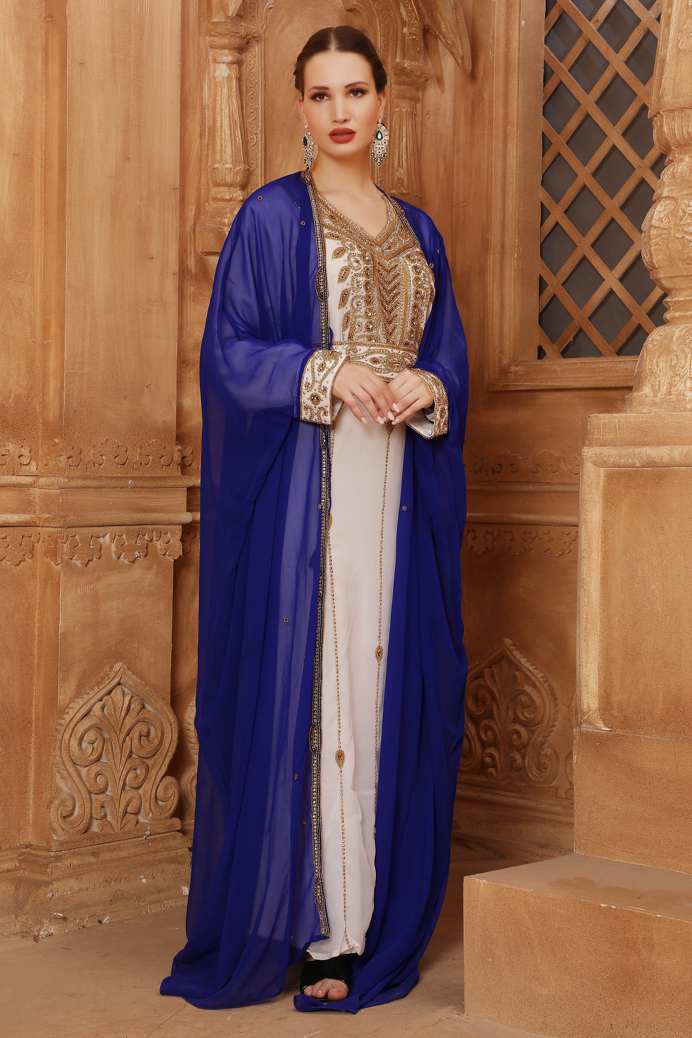 Hayat Blue and White Moroccan Caftan with Hand Embroidery