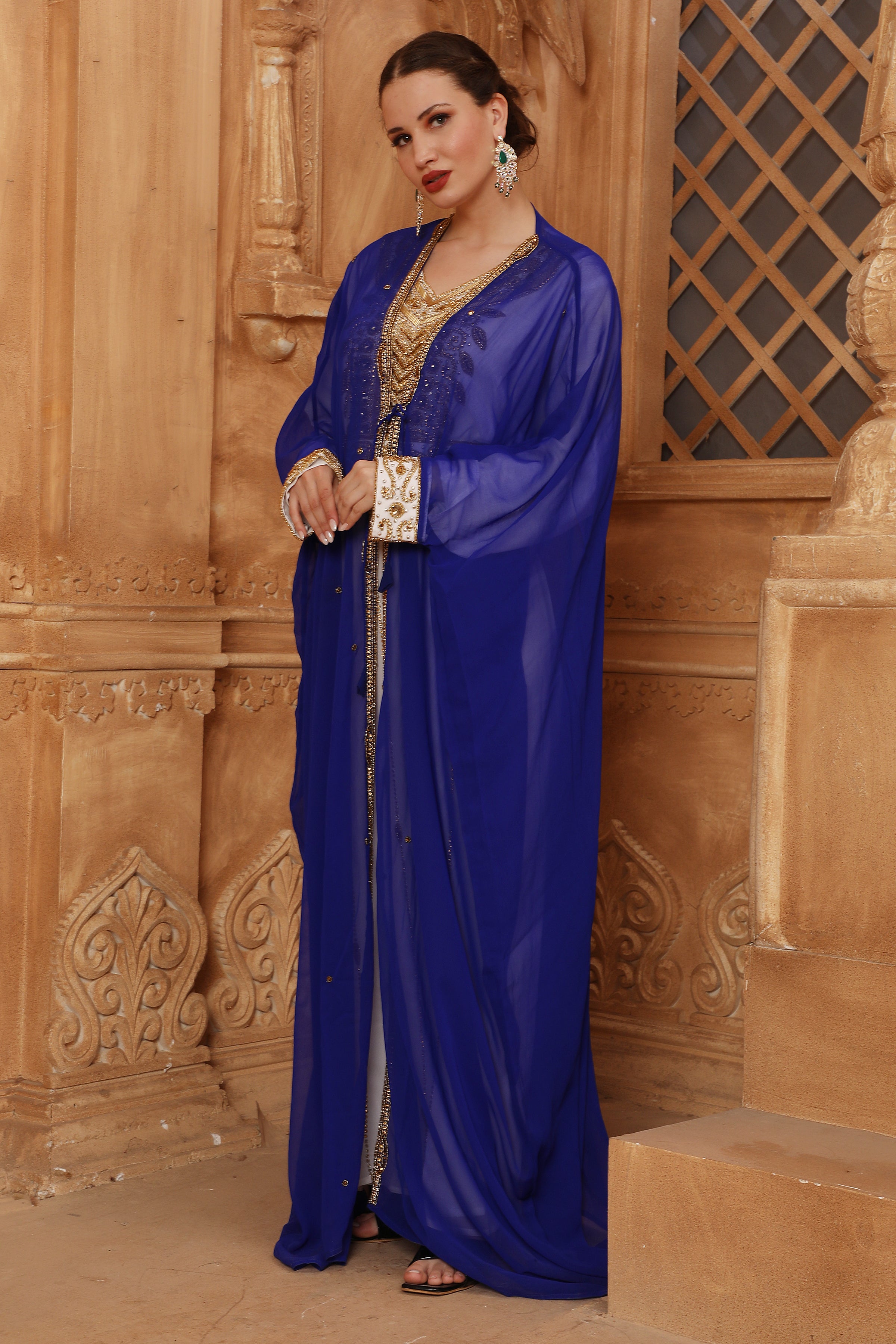 Side of Hayat Blue and White Moroccan Caftan with Hand Embroidery