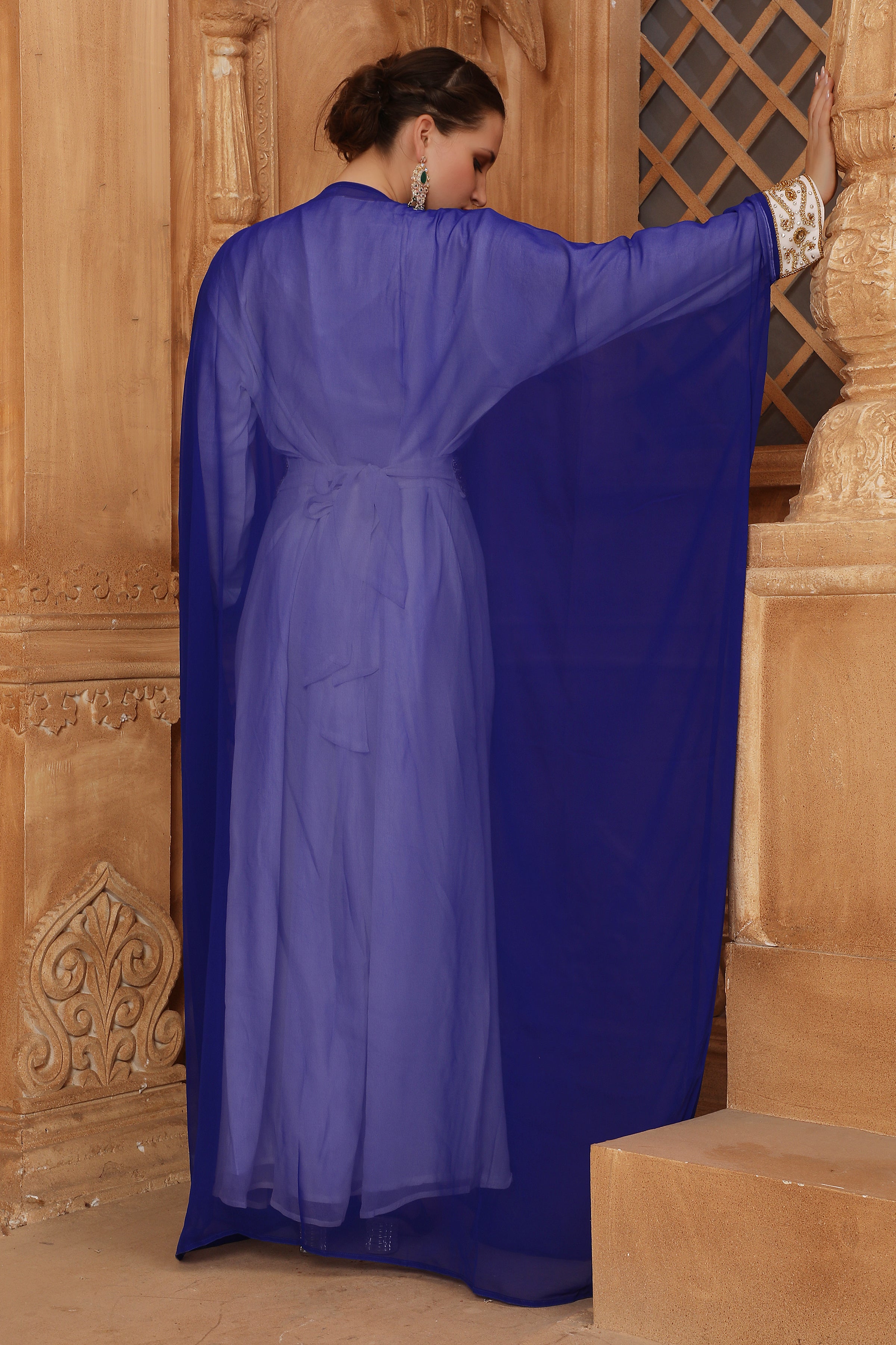 Back of Hayat Blue and White Moroccan Caftan with Hand Embroidery