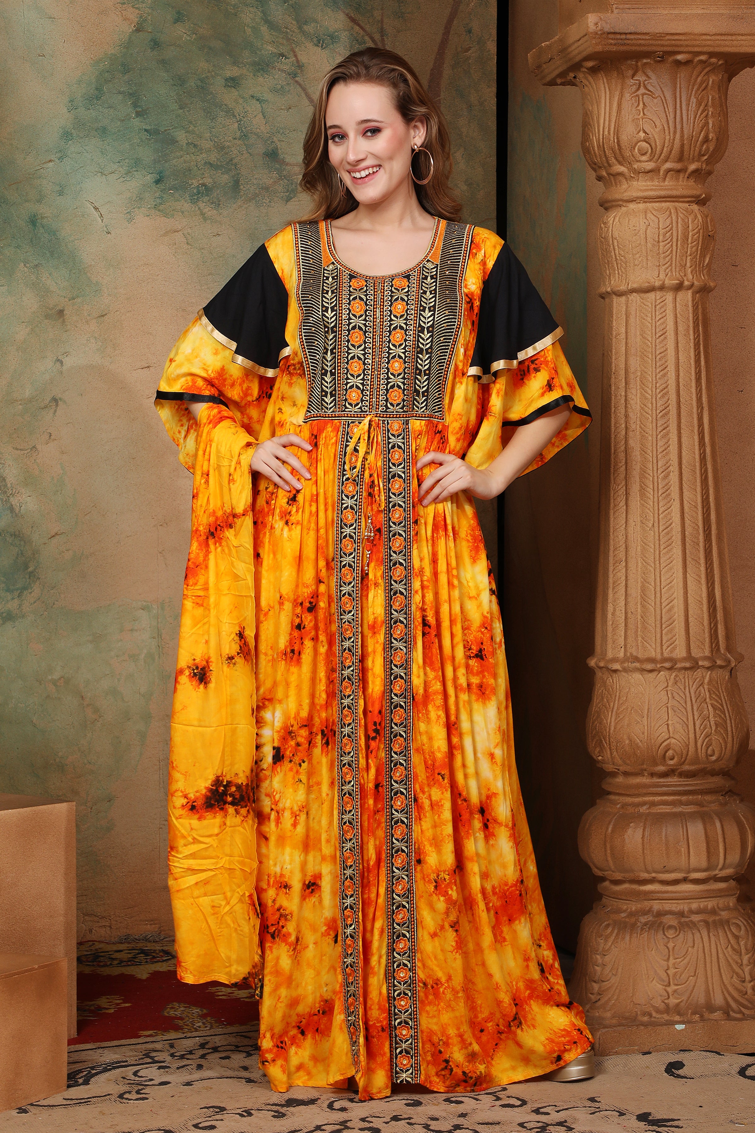 Front of Helena Orange And Black Cotton Kaftan With Thread Work