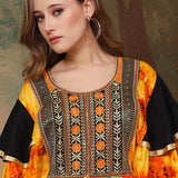 Closeup of Helena Orange And Black Cotton Kaftan With Thread Work
