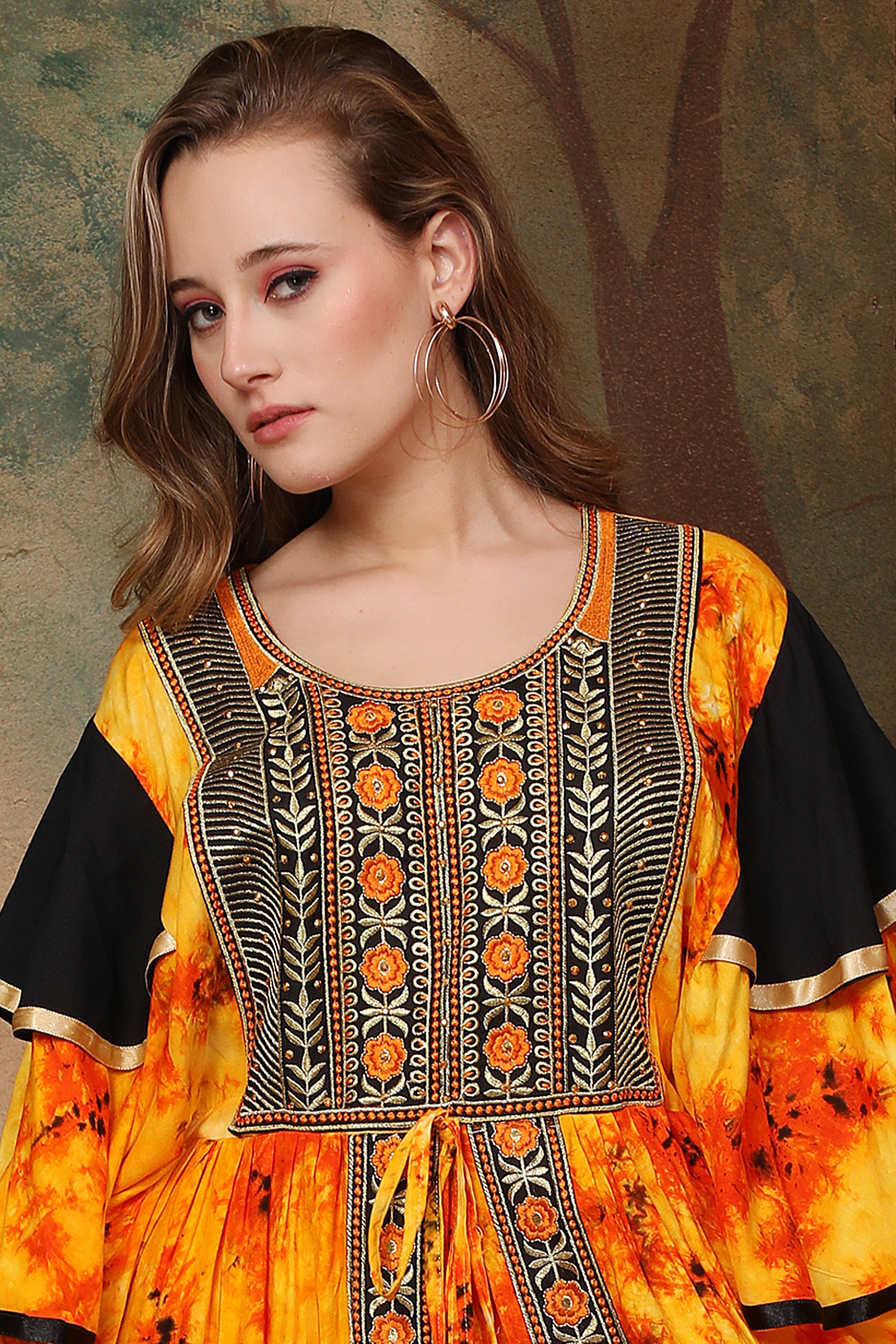 Closeup of Helena Orange And Black Cotton Kaftan With Thread Work