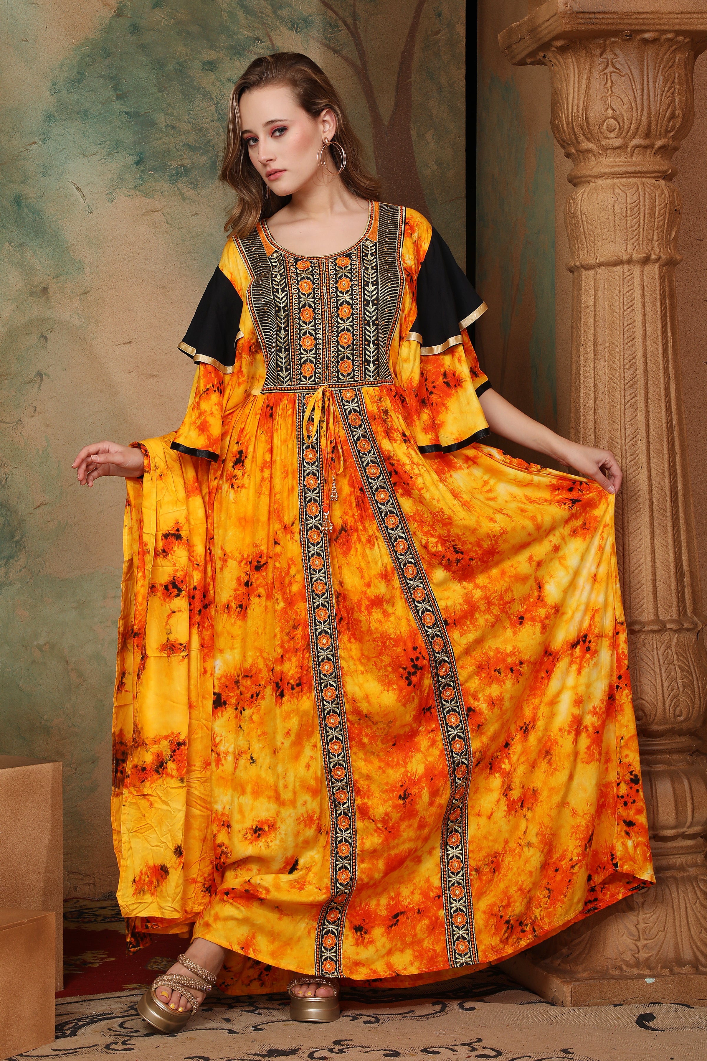 Side of Helena Orange And Black Cotton Kaftan With Thread Work