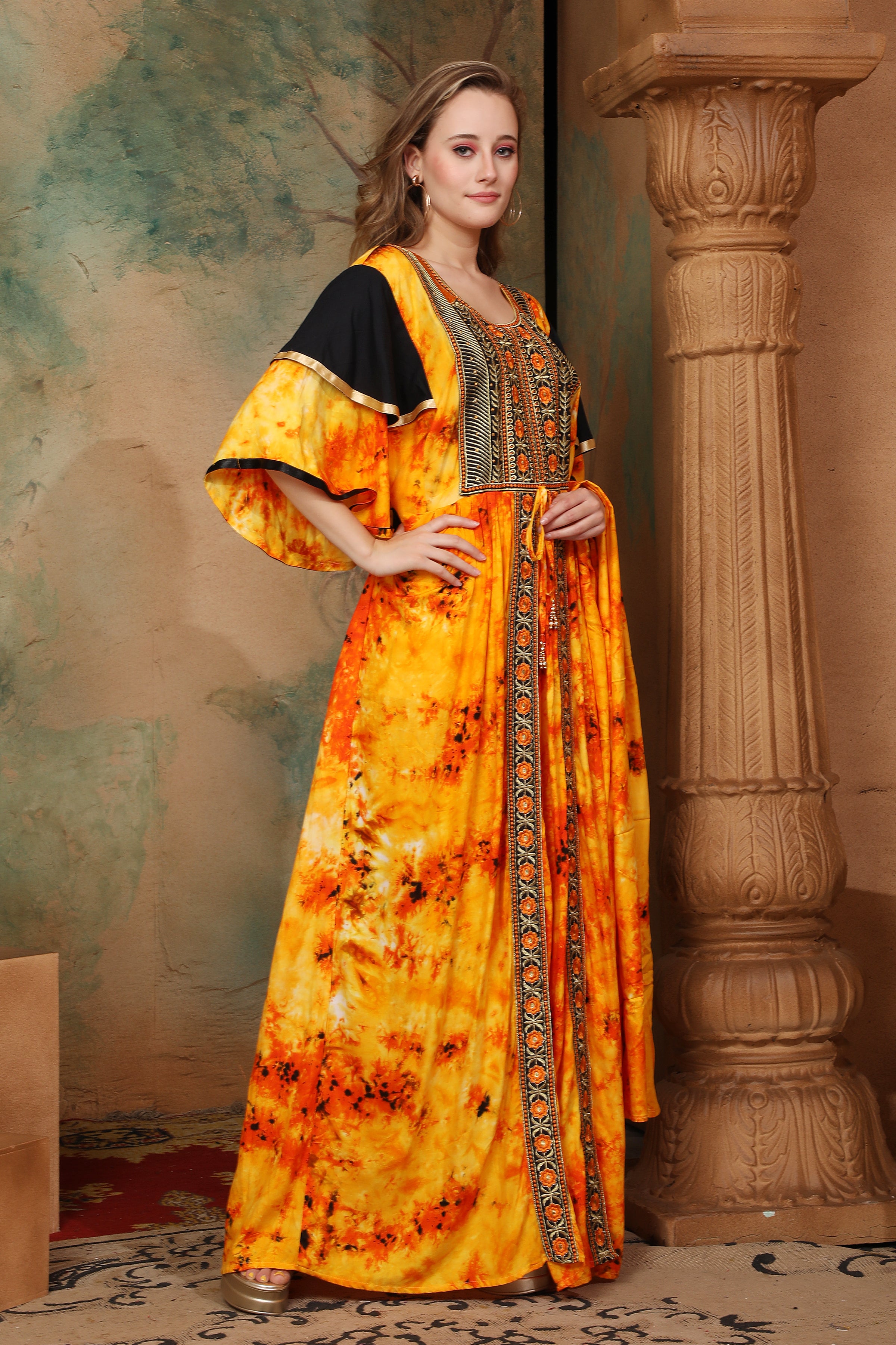 Side of Helena Orange And Black Cotton Kaftan With Thread Work
