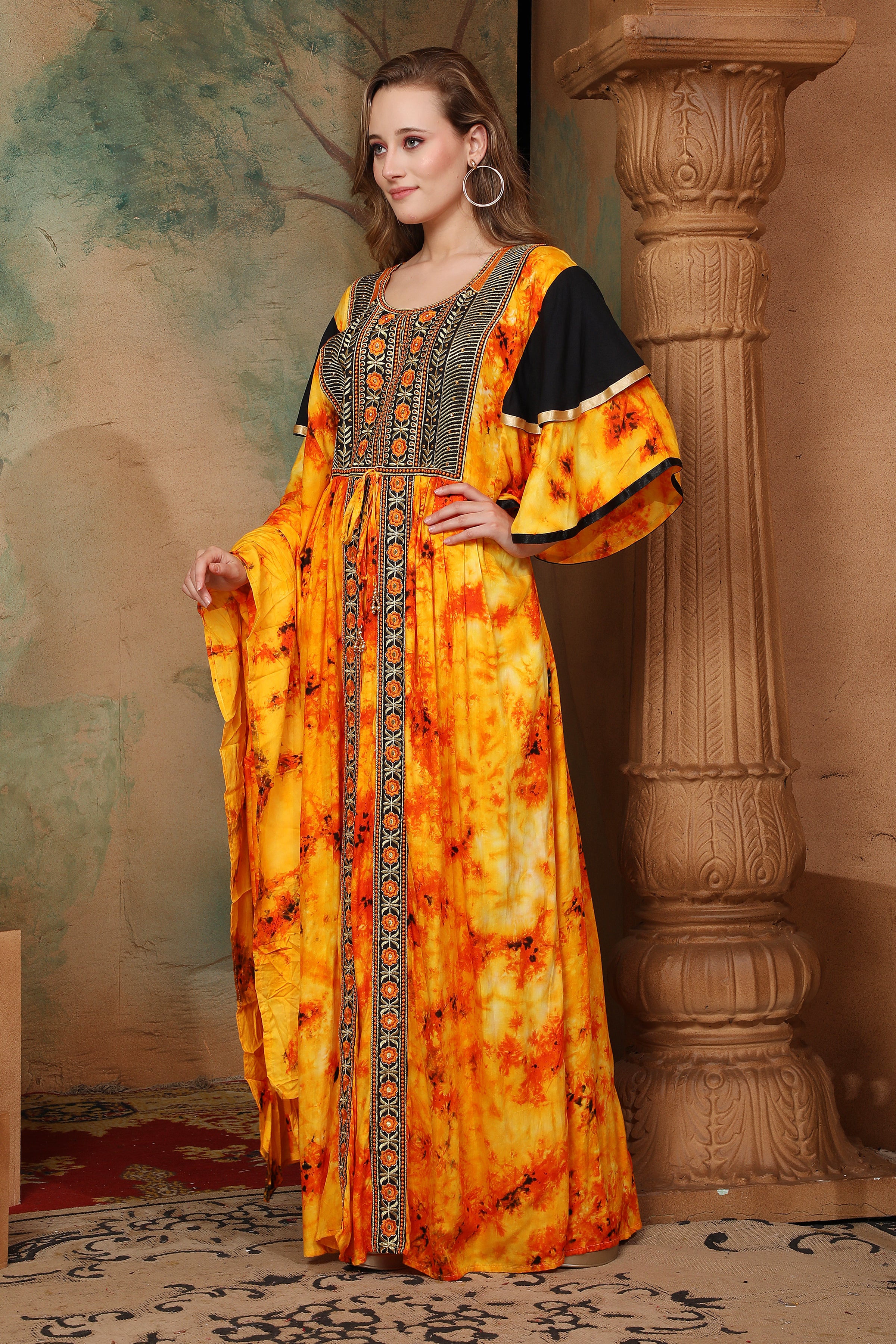 Side of Helena Orange And Black Cotton Kaftan With Thread Work