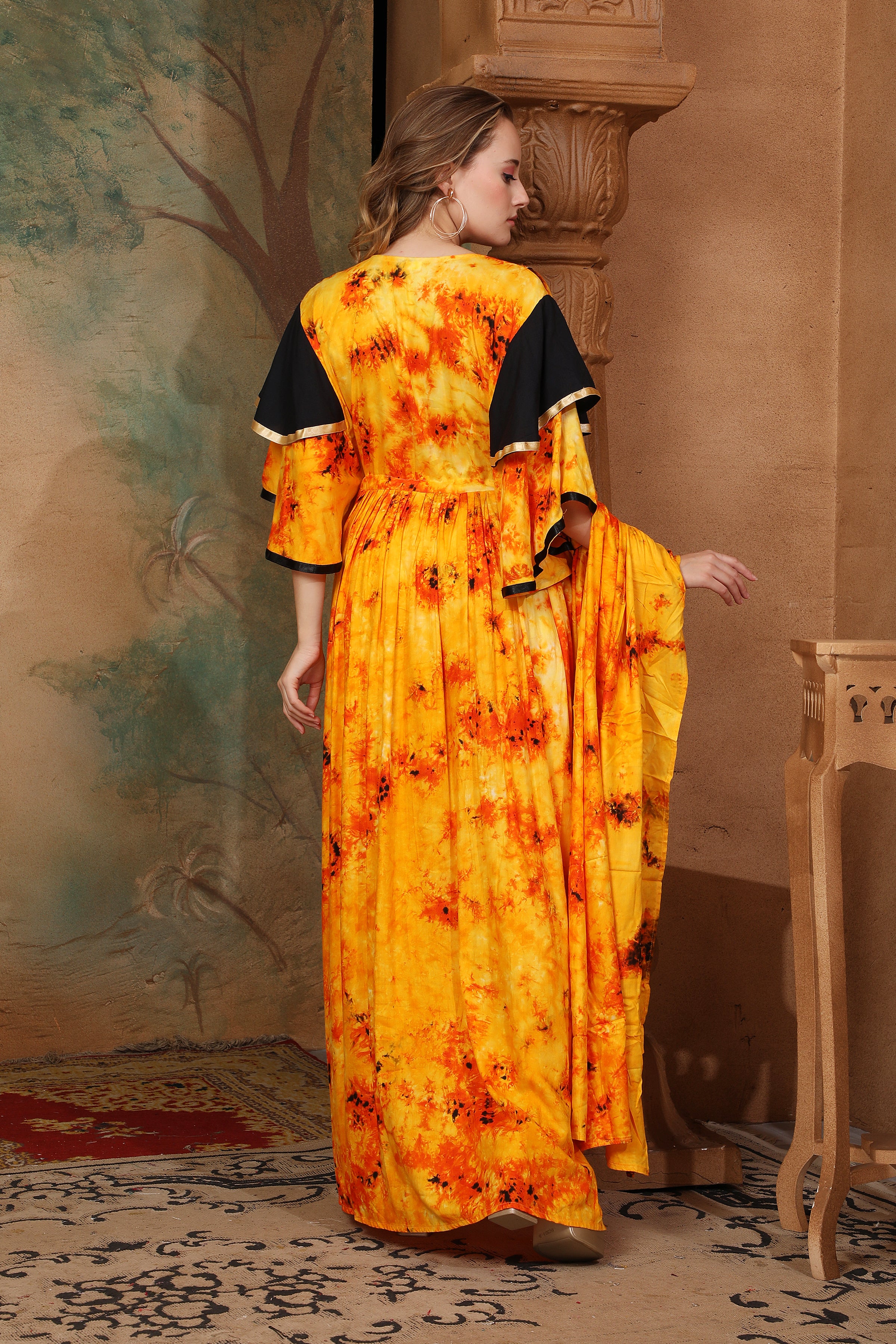 Back of Helena Orange And Black Cotton Kaftan With Thread Work