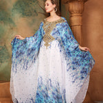 Front of Hudah Blue And White Printed Kaftan Dress With Hand Embroidery