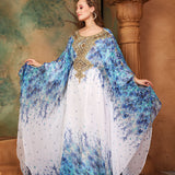 Front of Hudah Blue And White Printed Kaftan Dress With Hand Embroidery