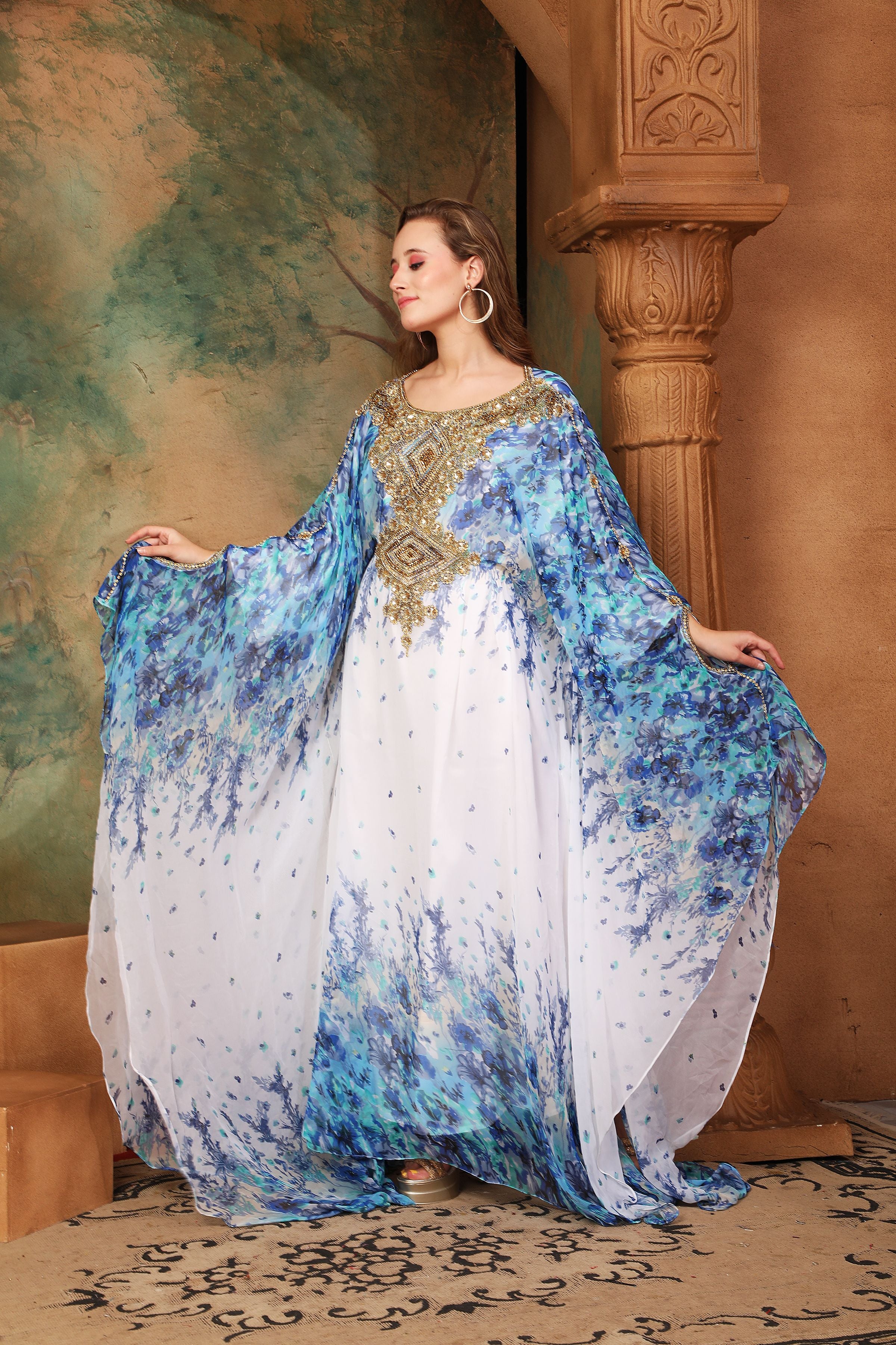 Front of Hudah Blue And White Printed Kaftan Dress With Hand Embroidery