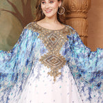 Closeup of Hudah Blue And White Printed Kaftan Dress With Hand Embroidery