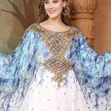 Closeup of Hudah Blue And White Printed Kaftan Dress With Hand Embroidery