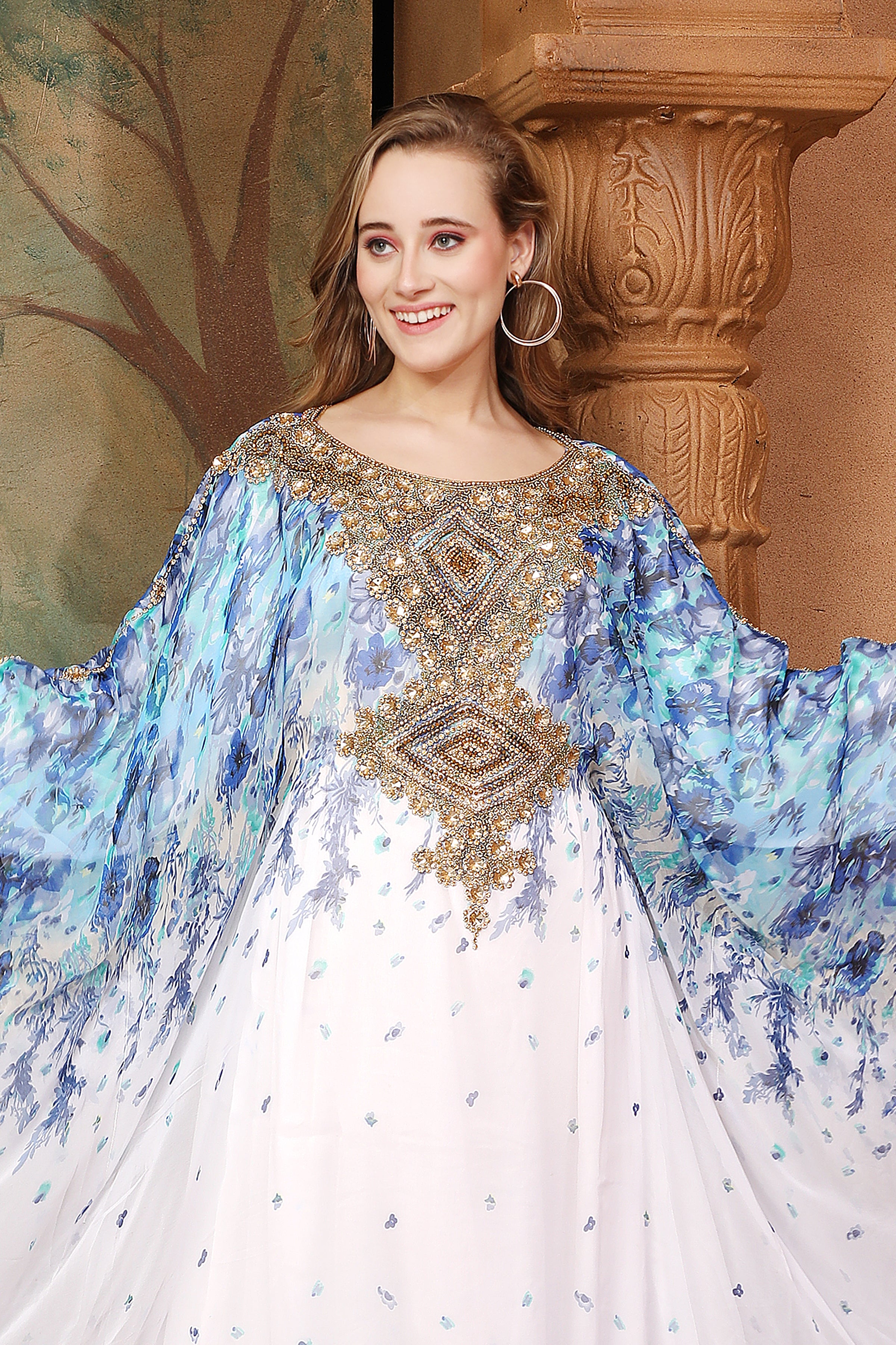 Closeup of Hudah Blue And White Printed Kaftan Dress With Hand Embroidery