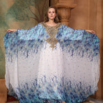 Hudah Blue And White Printed Kaftan Dress With Hand Embroidery