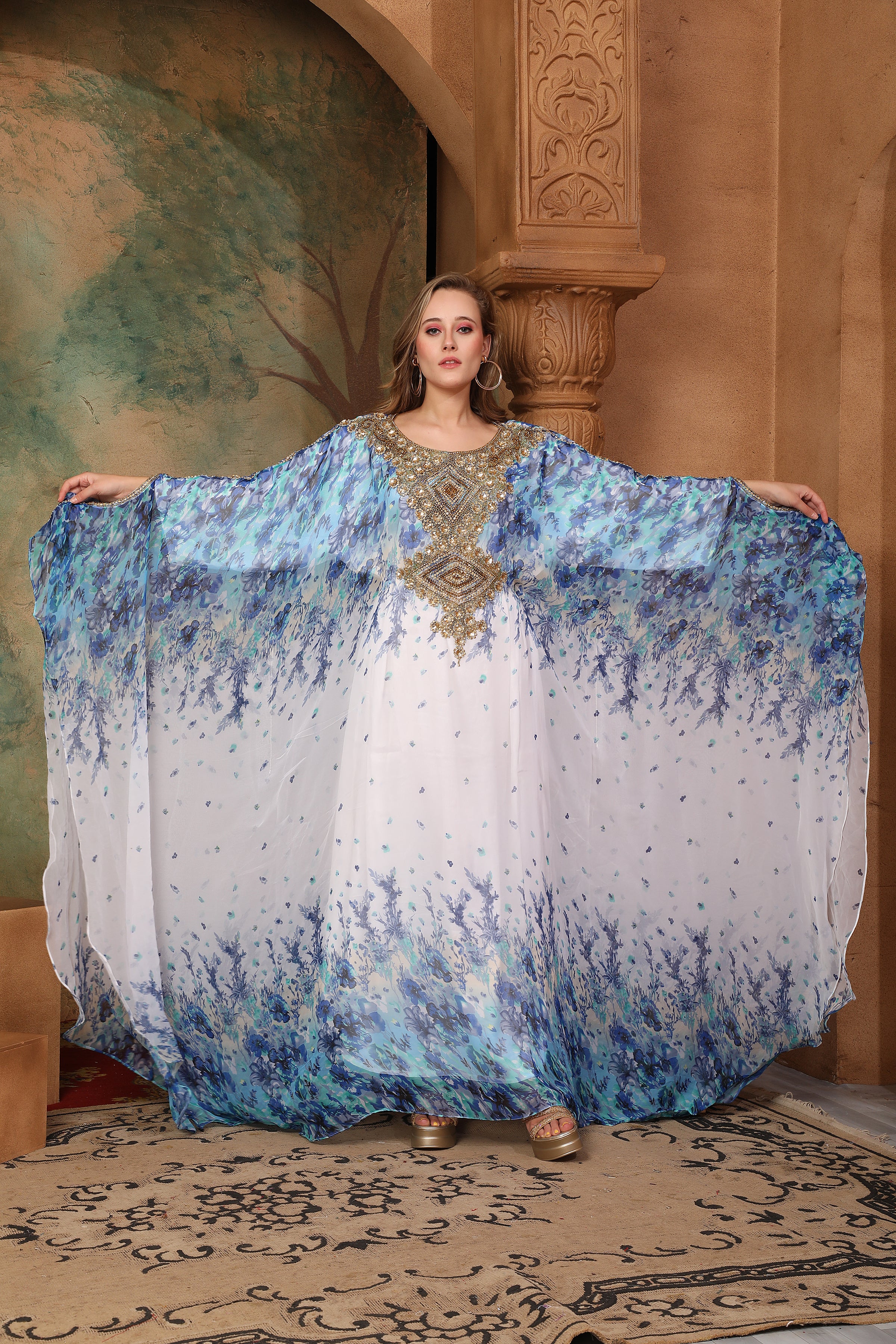 Hudah Blue And White Printed Kaftan Dress With Hand Embroidery