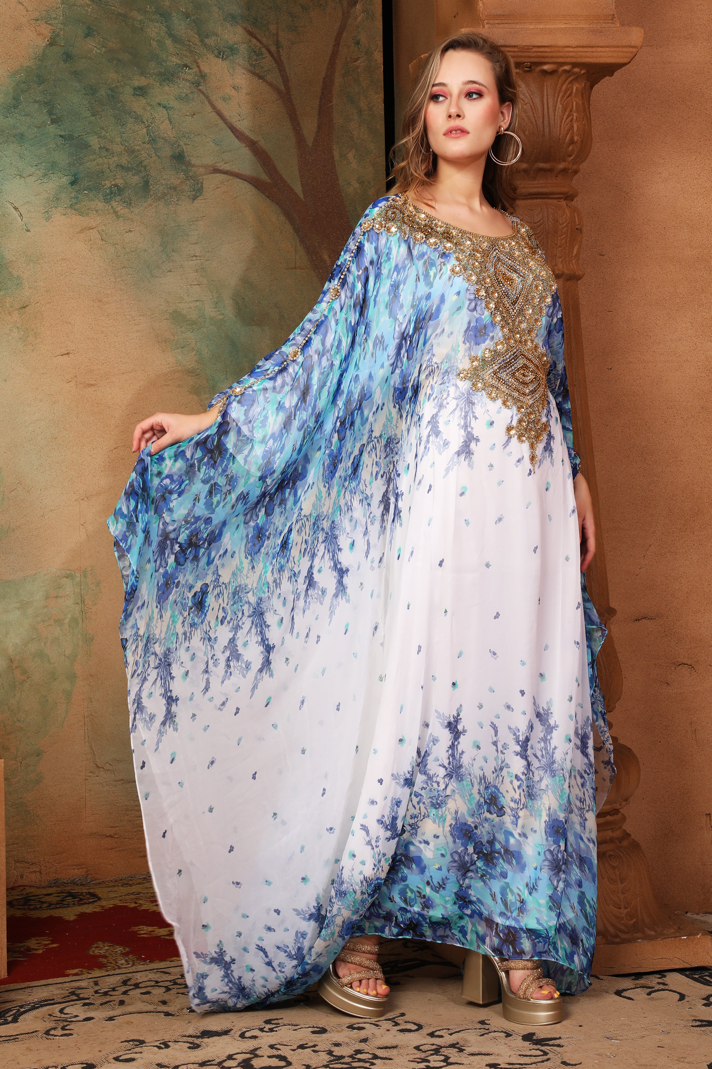 Side of Hudah Blue And White Printed Kaftan Dress With Hand Embroidery