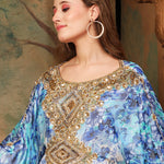 Side Closeup of Hudah Blue And White Printed Kaftan Dress With Hand Embroidery