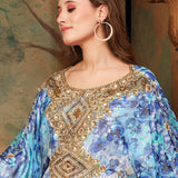 Side Closeup of Hudah Blue And White Printed Kaftan Dress With Hand Embroidery