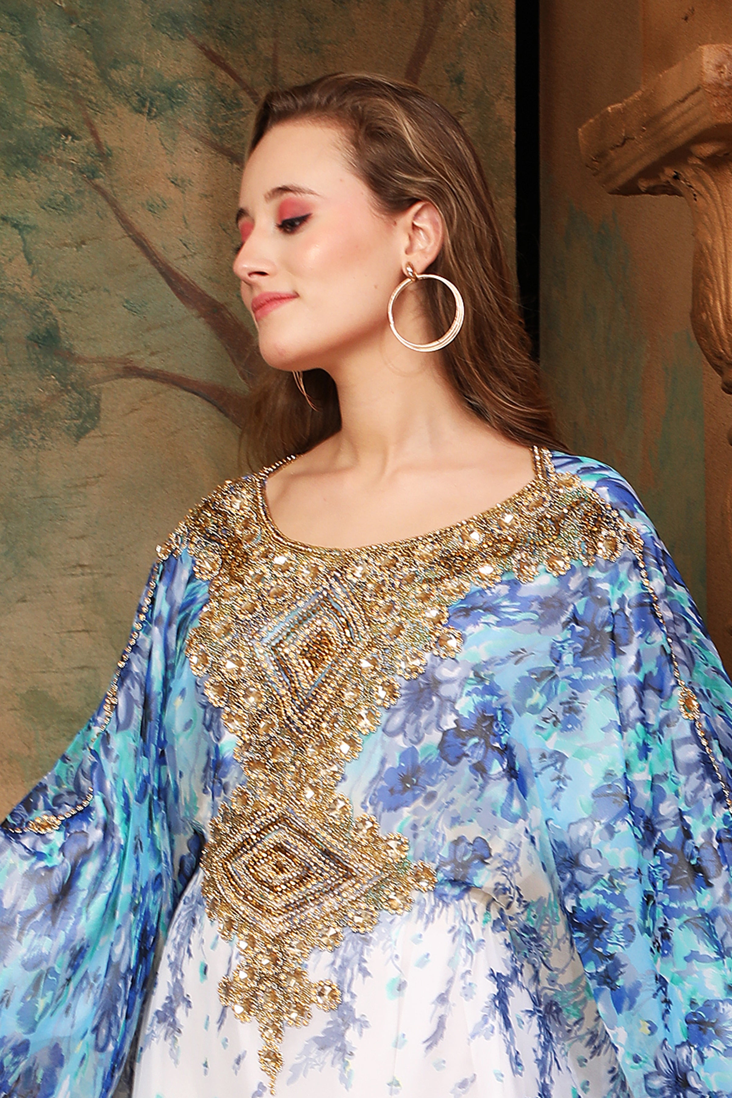 Side Closeup of Hudah Blue And White Printed Kaftan Dress With Hand Embroidery
