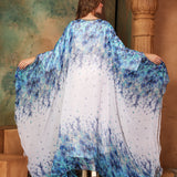 Back of Hudah Blue And White Printed Kaftan Dress With Hand Embroidery