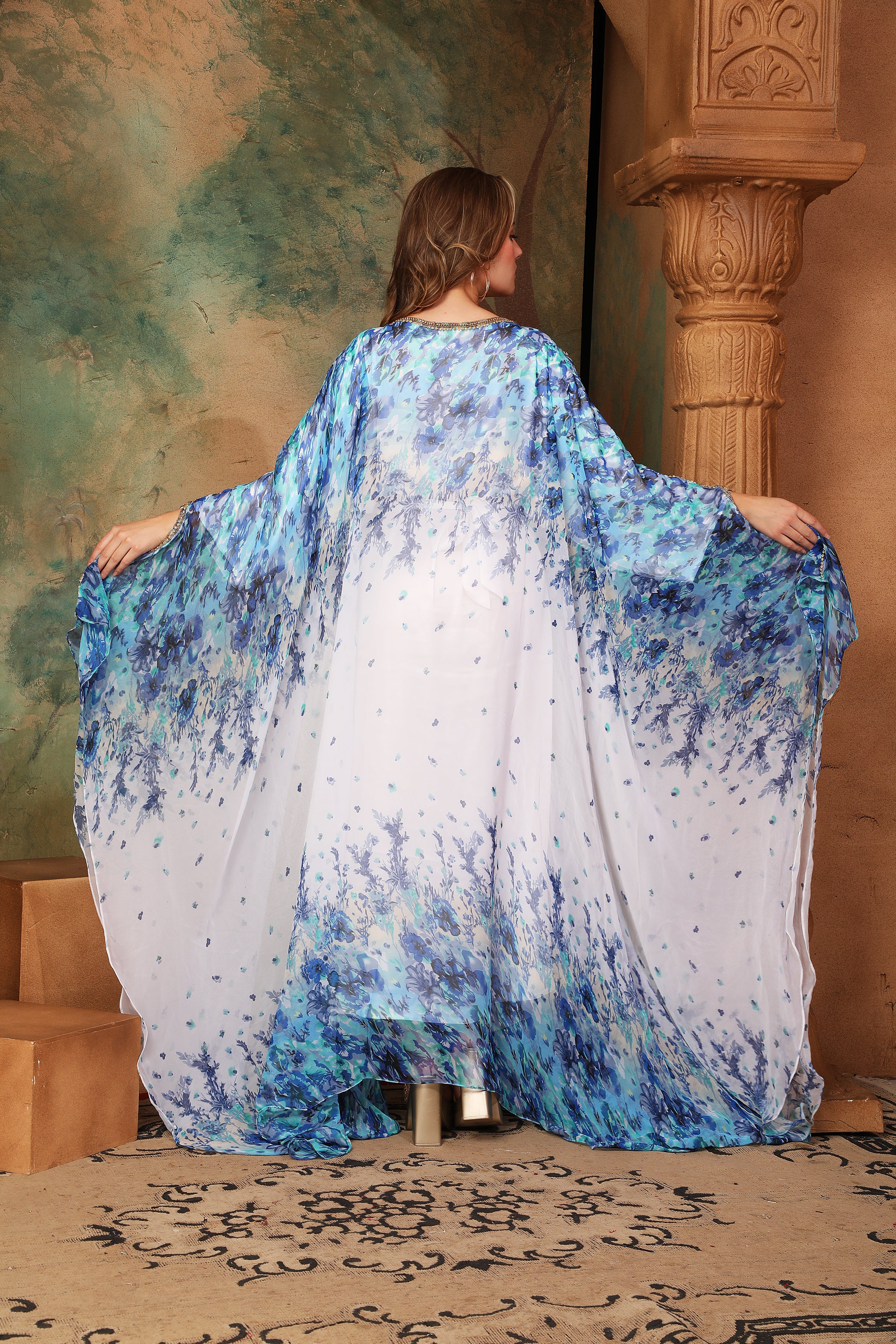 Back of Hudah Blue And White Printed Kaftan Dress With Hand Embroidery