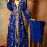 Front of Iman Blue Moroccan Caftan With Hand Embroidery