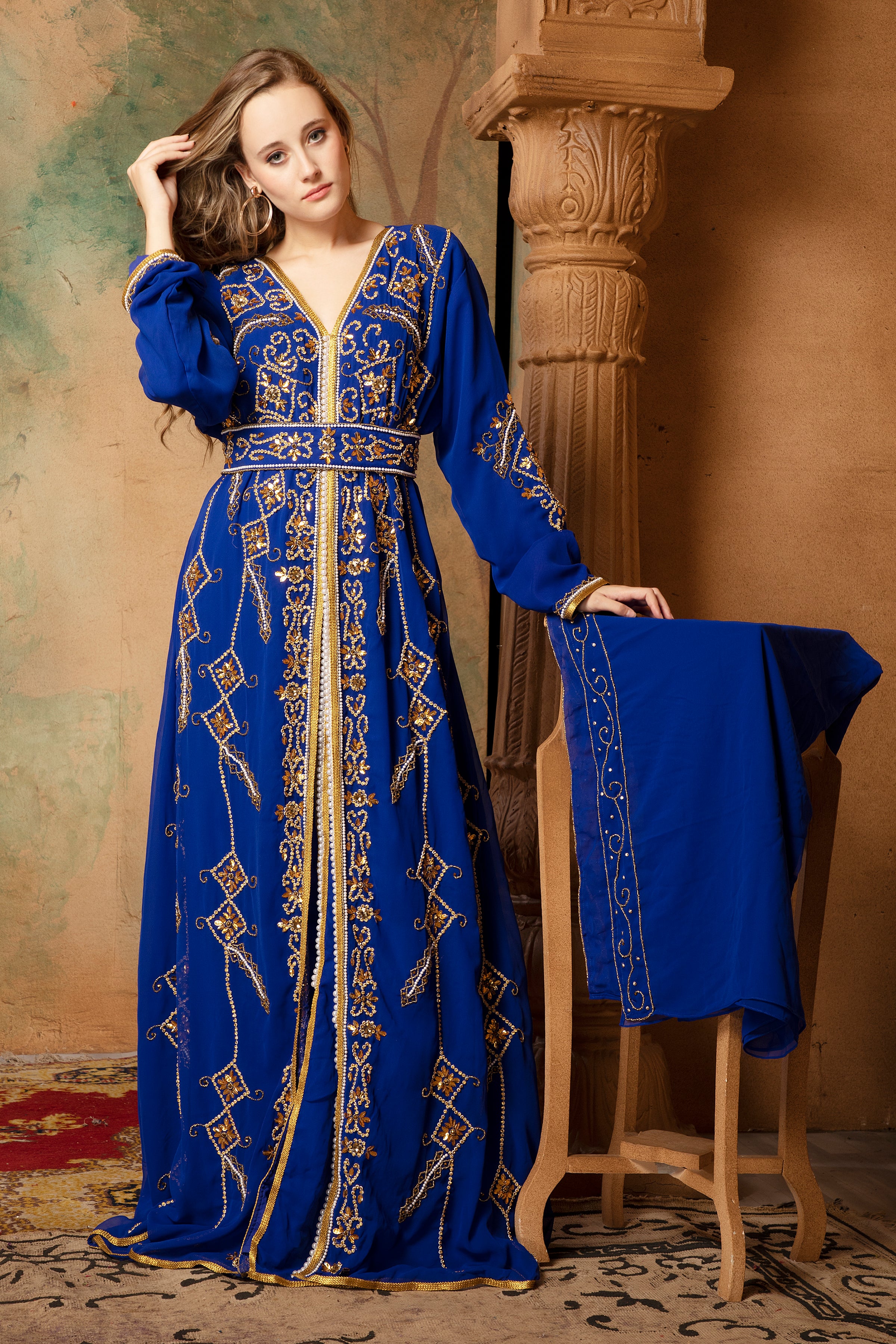 Front of Iman Blue Moroccan Caftan With Hand Embroidery