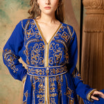 Closeup of Iman Blue Moroccan Caftan With Hand Embroidery