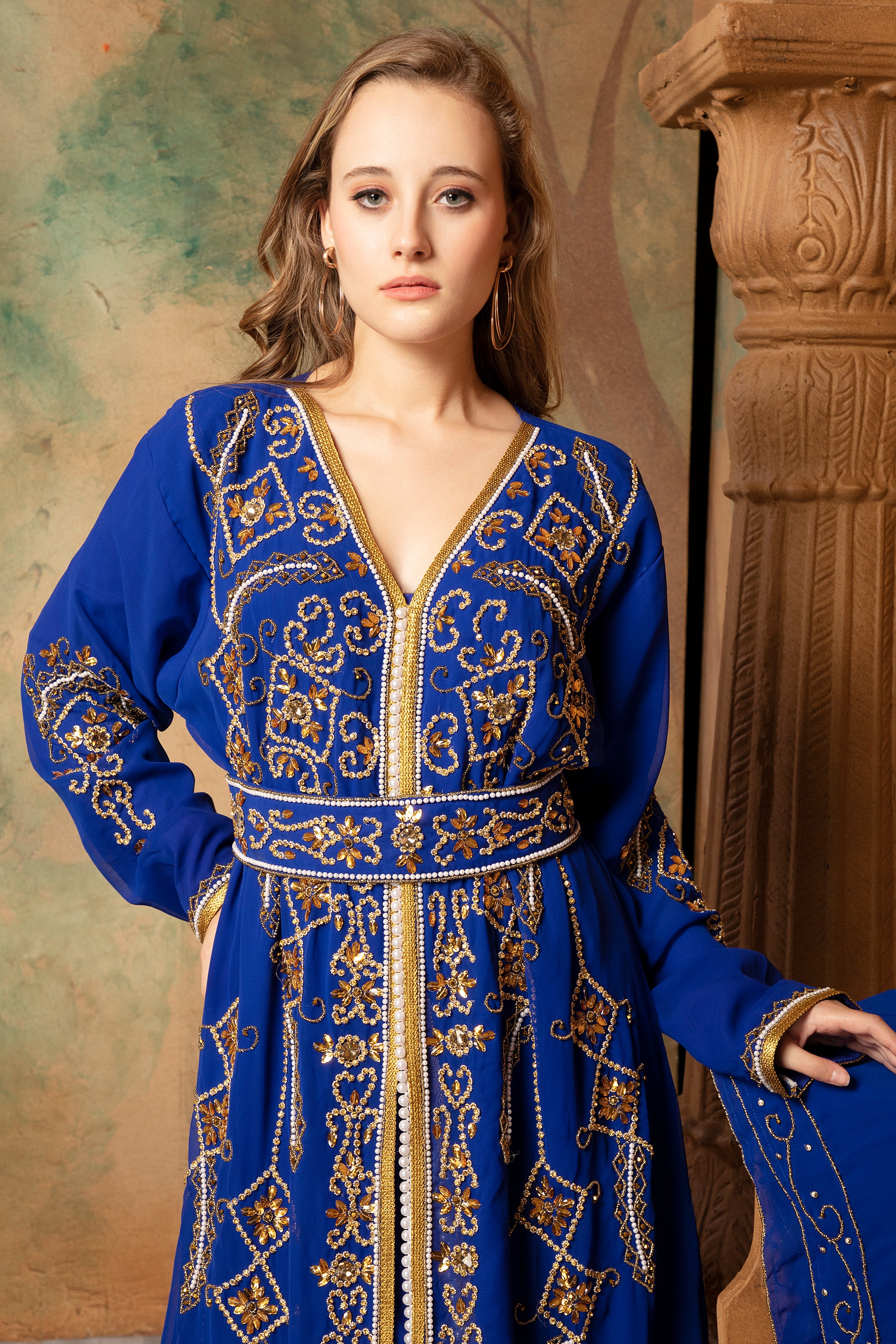 Closeup of Iman Blue Moroccan Caftan With Hand Embroidery