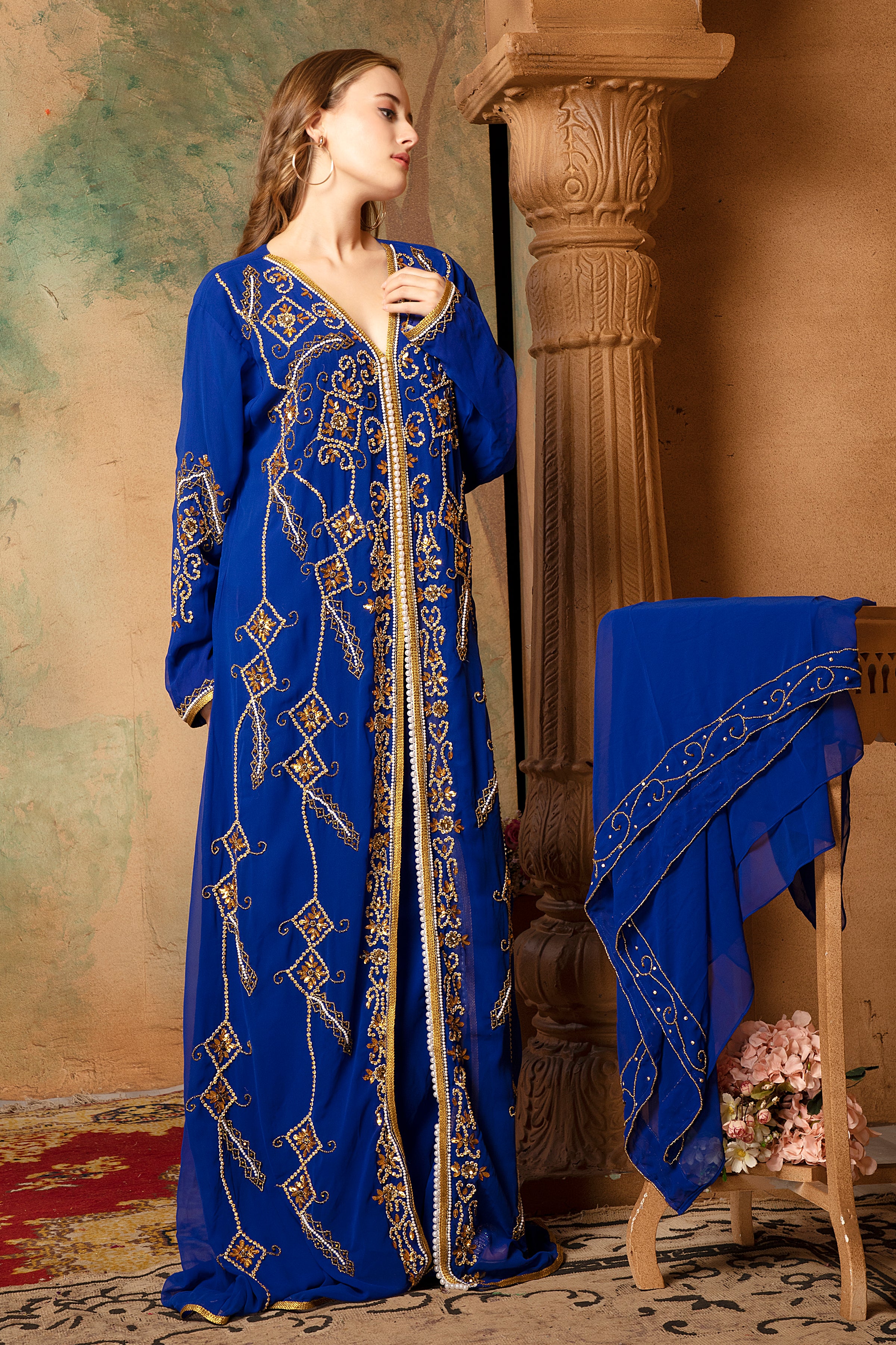 Side of Iman Blue Moroccan Caftan With Hand Embroidery
