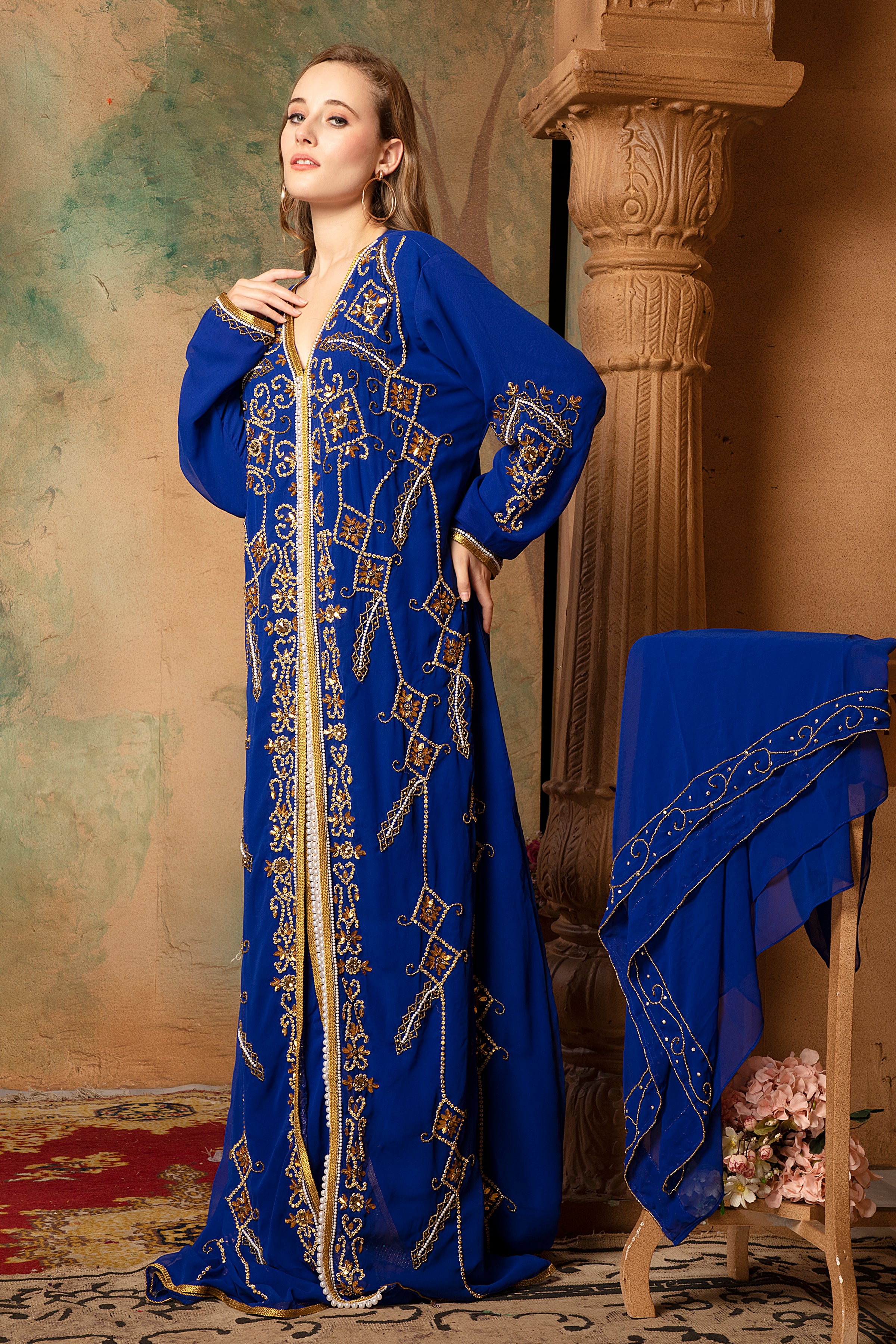 Iman Blue Moroccan Caftan With Hand Embroidery