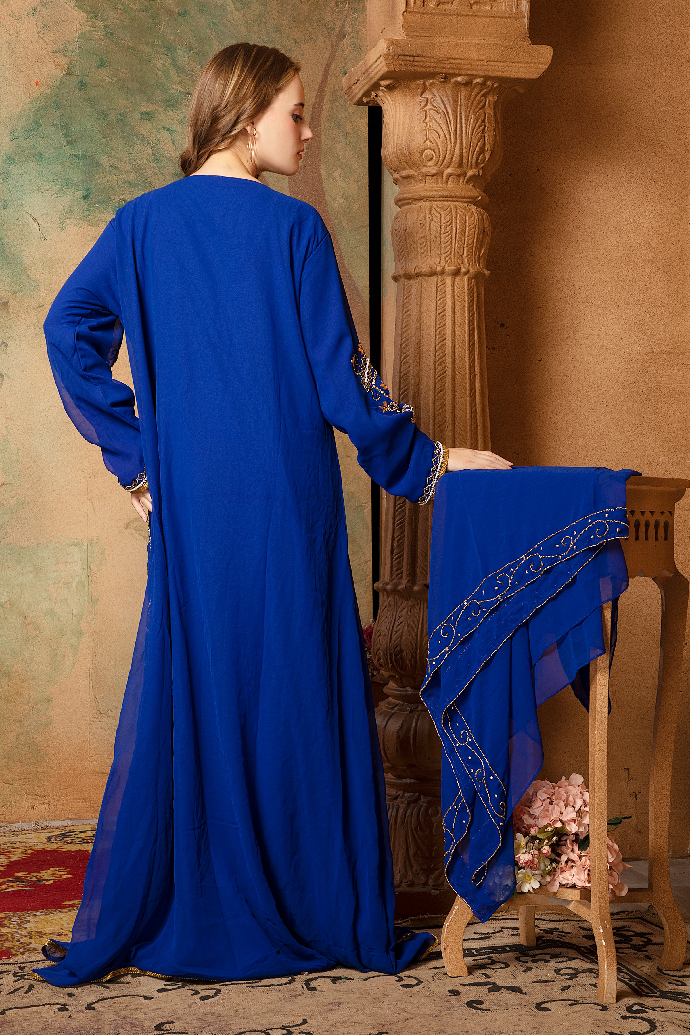 Back of Iman Blue Moroccan Caftan With Hand Embroidery