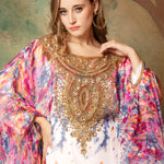 Closeup of Inaya Pink And White Printed Kaftan Dress With Hand Embroidery