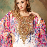 Closeup of Inaya Pink And White Printed Kaftan Dress With Hand Embroidery