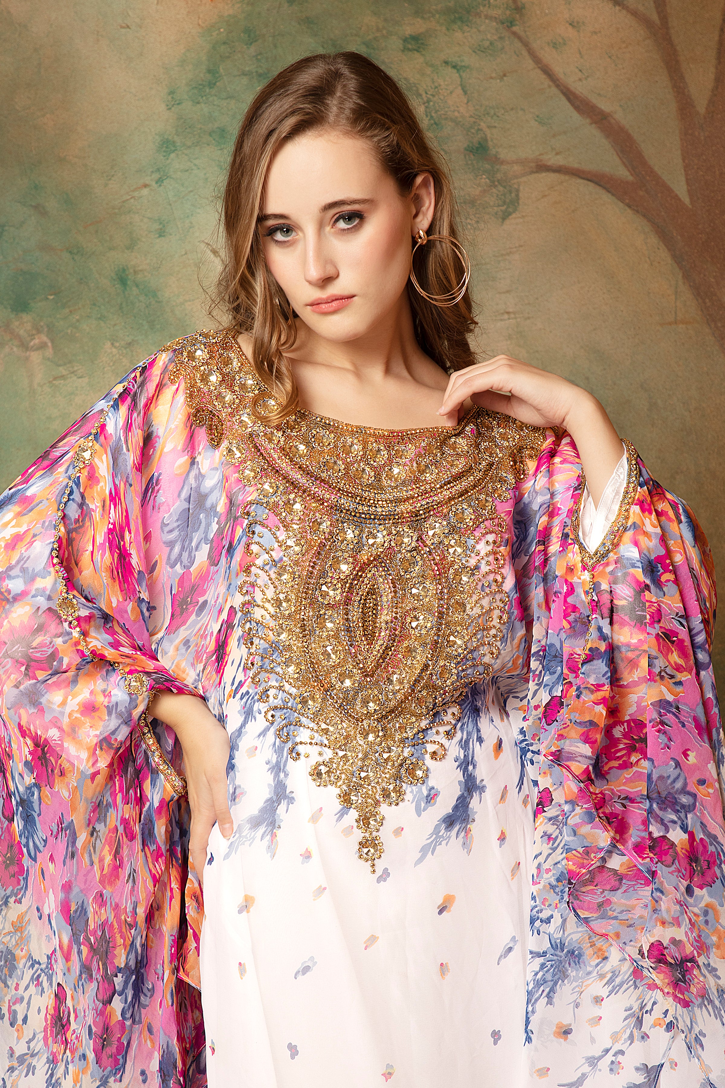 Closeup of Inaya Pink And White Printed Kaftan Dress With Hand Embroidery