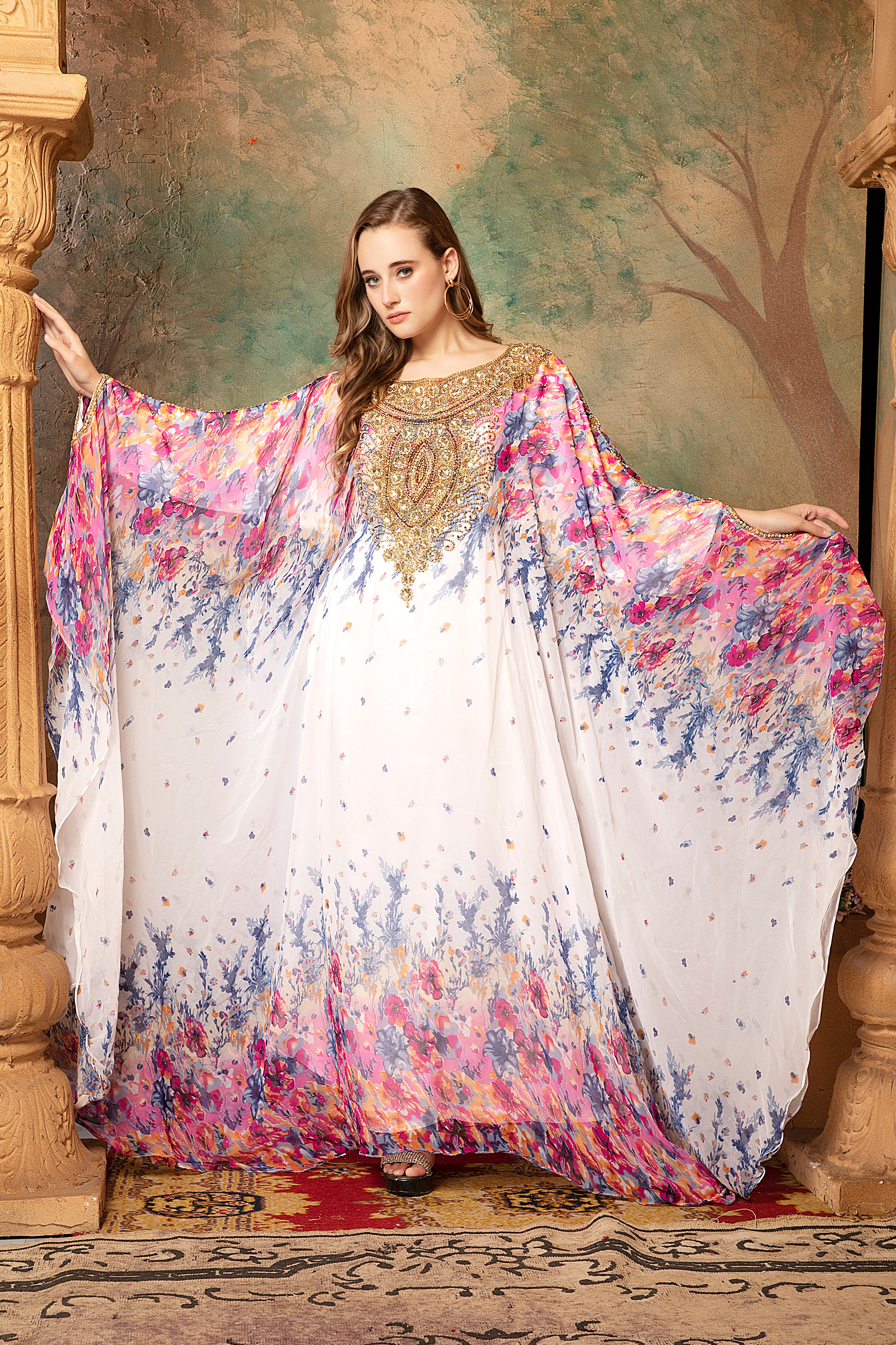 Inaya Pink And White Printed Kaftan Dress With Hand Embroidery