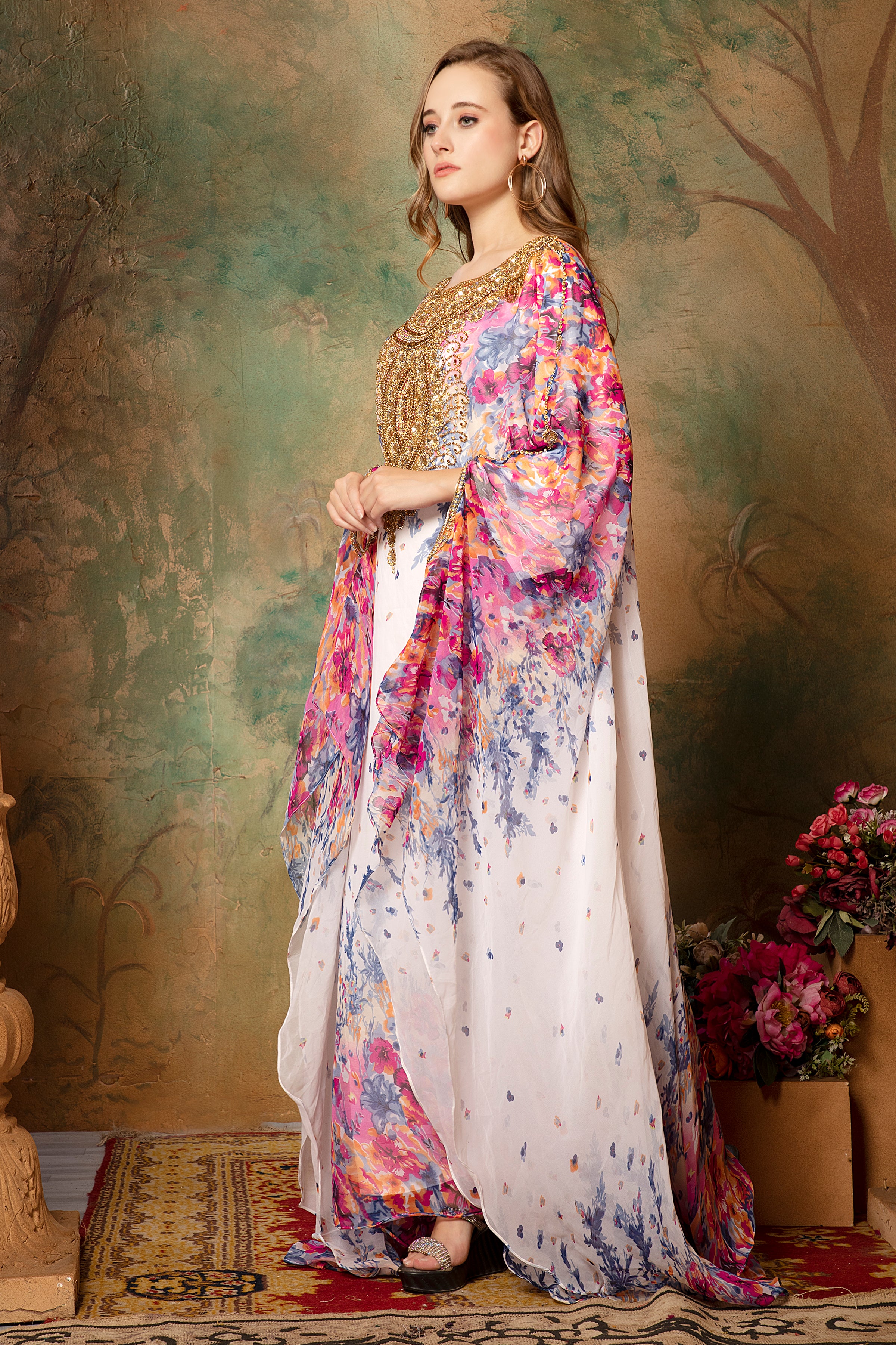 Side of Inaya Pink And White Printed Kaftan Dress With Hand Embroidery