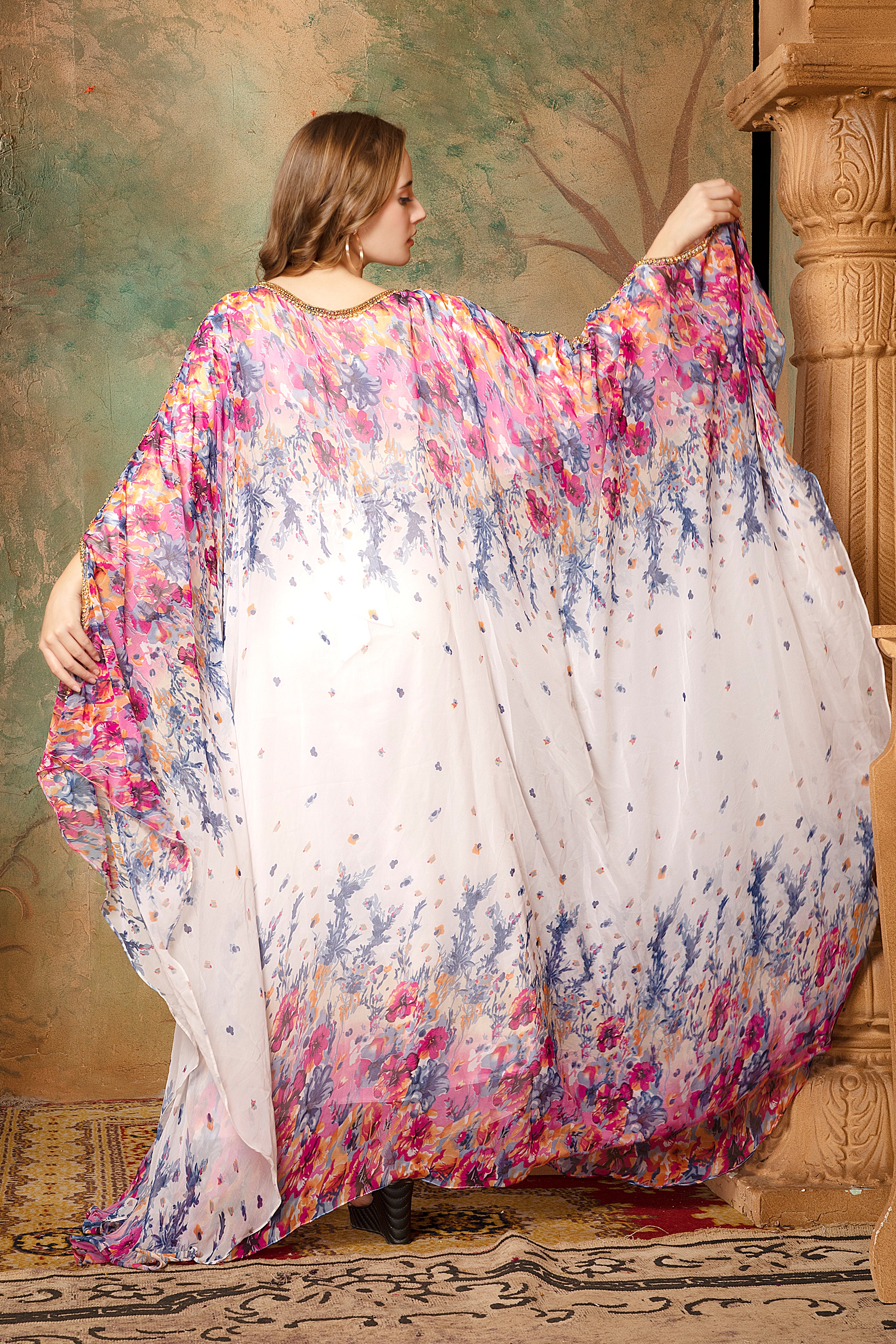 Back of Inaya Pink And White Printed Kaftan Dress With Hand Embroidery