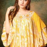 Closeup of Jasmine Yellow Cotton Kaftan With Thread Work