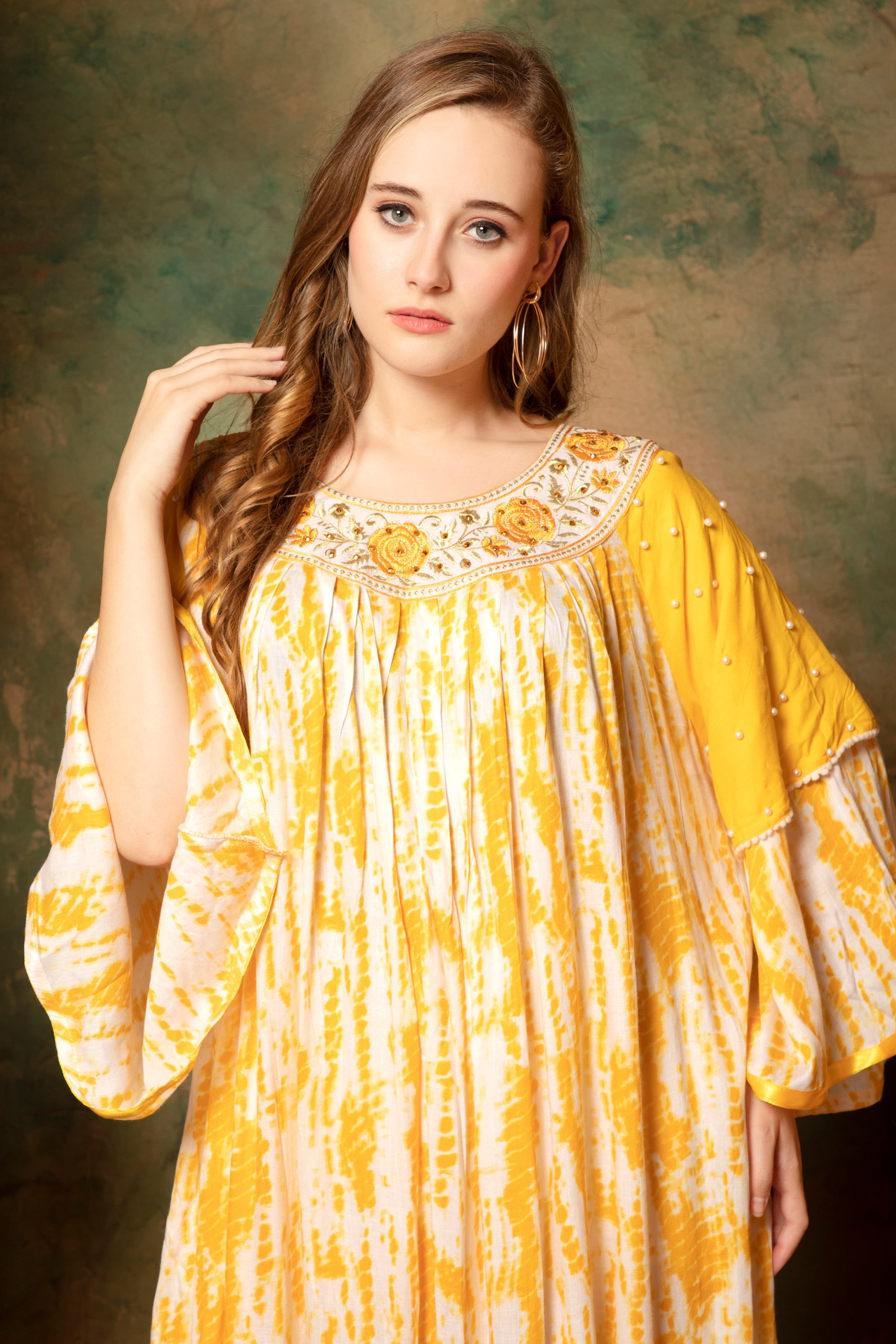 Closeup of Jasmine Yellow Cotton Kaftan With Thread Work
