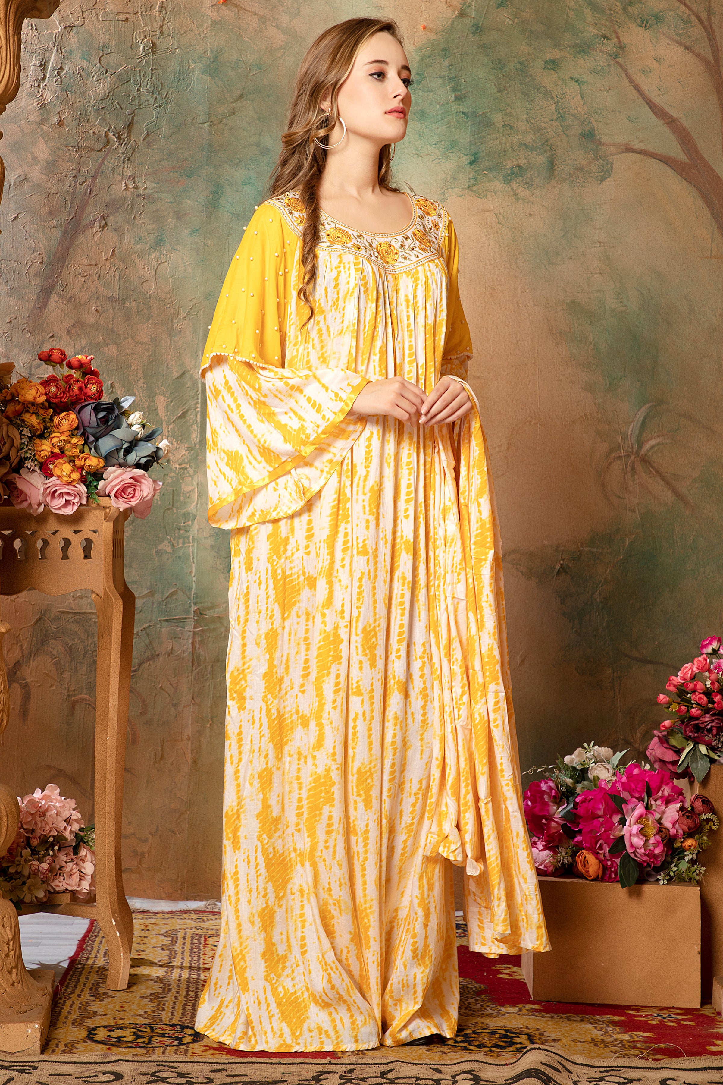 Side of Jasmine Yellow Cotton Kaftan With Thread Work