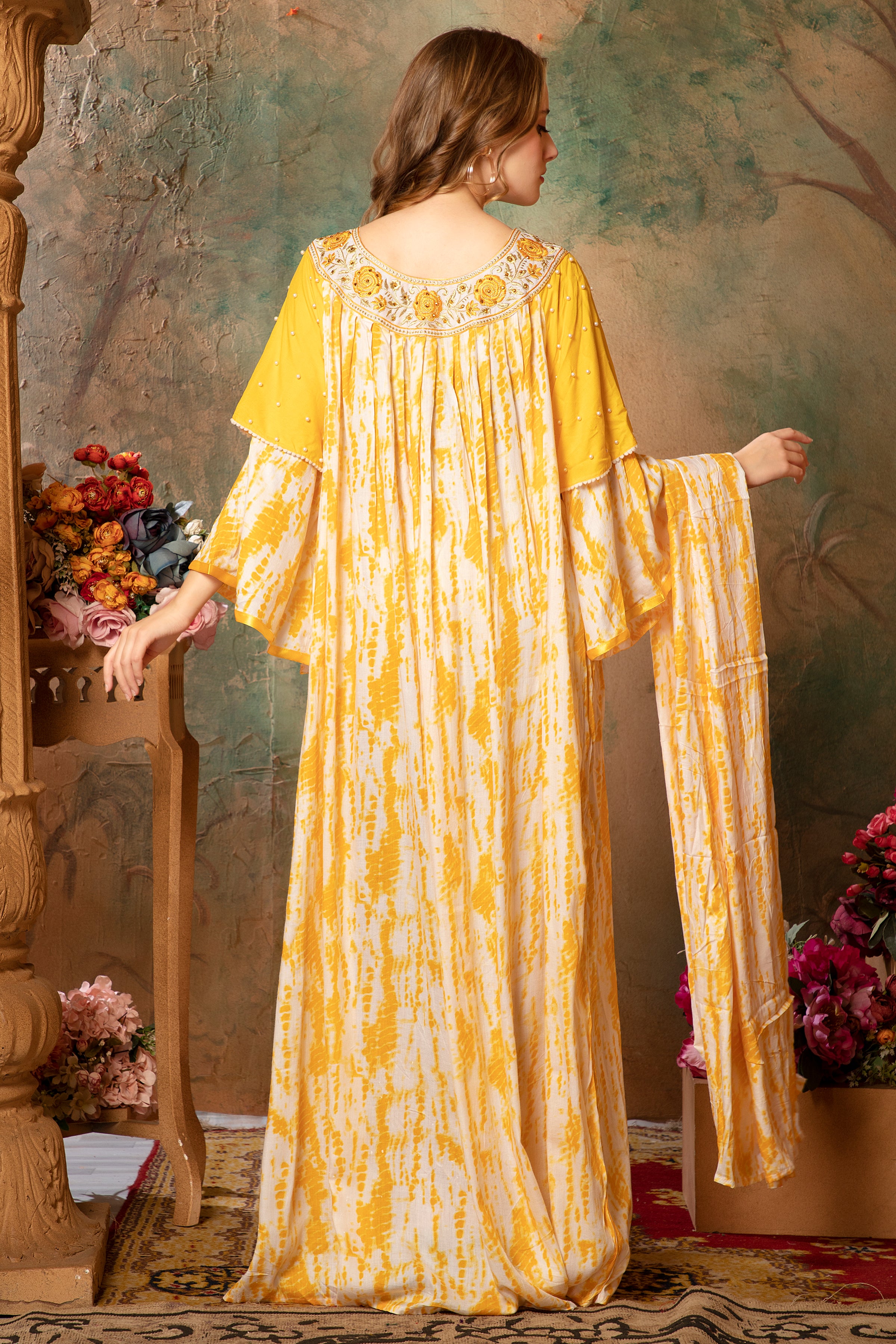 Back of Jasmine Yellow Cotton Kaftan With Thread Work
