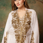 Closeup of Khadija White Moroccan Caftan With Hand Embroidery