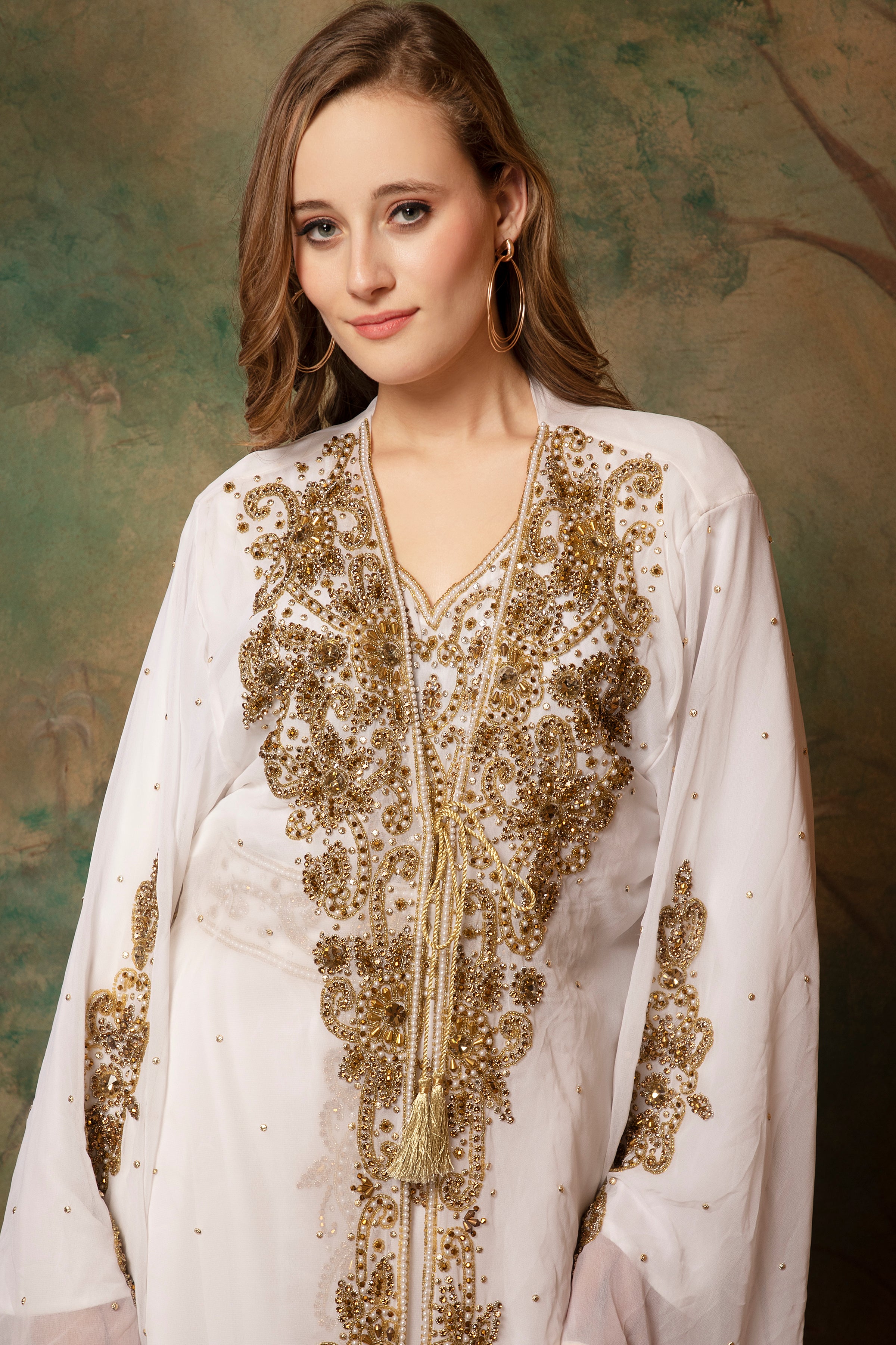 Closeup of Khadija White Moroccan Caftan With Hand Embroidery