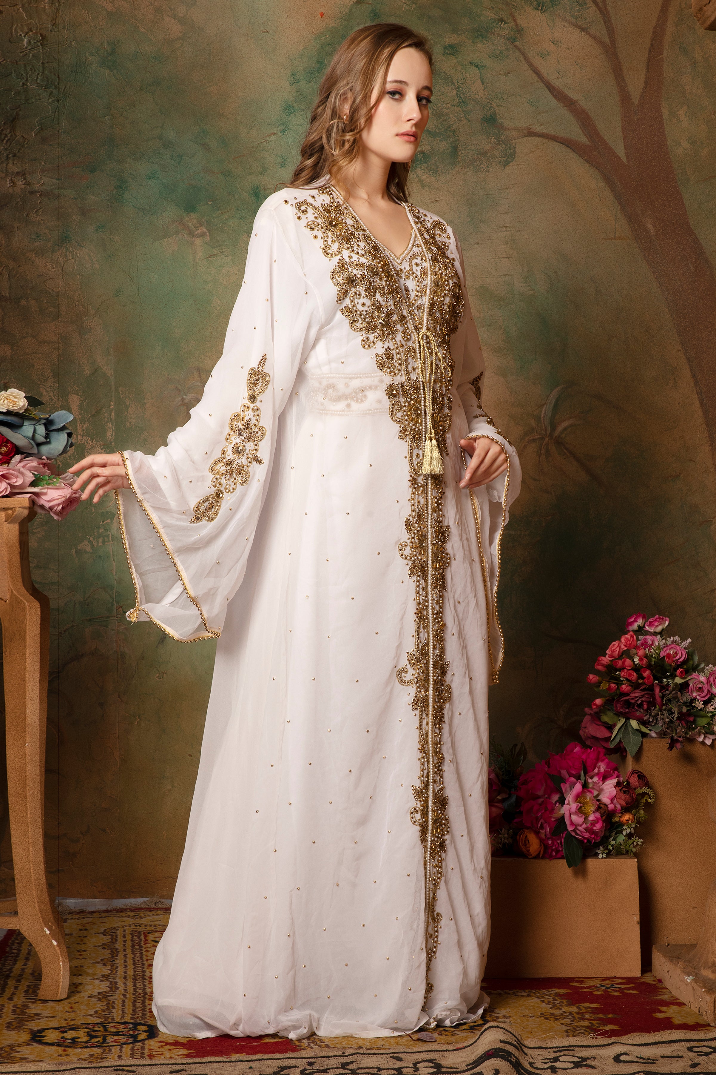 Side of Khadija White Moroccan Caftan With Hand Embroidery