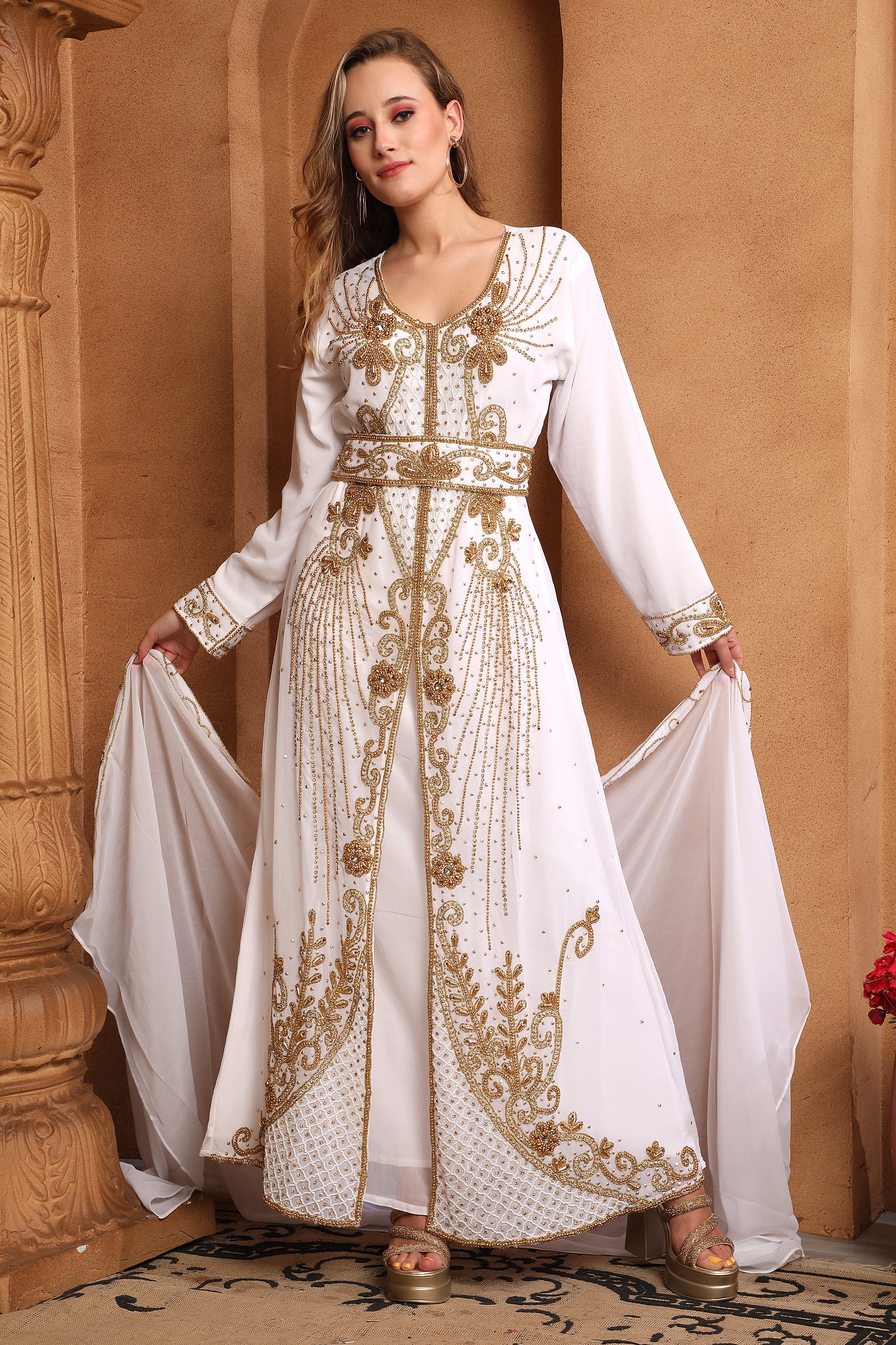 Front of Laila White Moroccan Caftan With Hand Embroidery