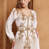 Closeup of Laila White Moroccan Caftan With Hand Embroidery