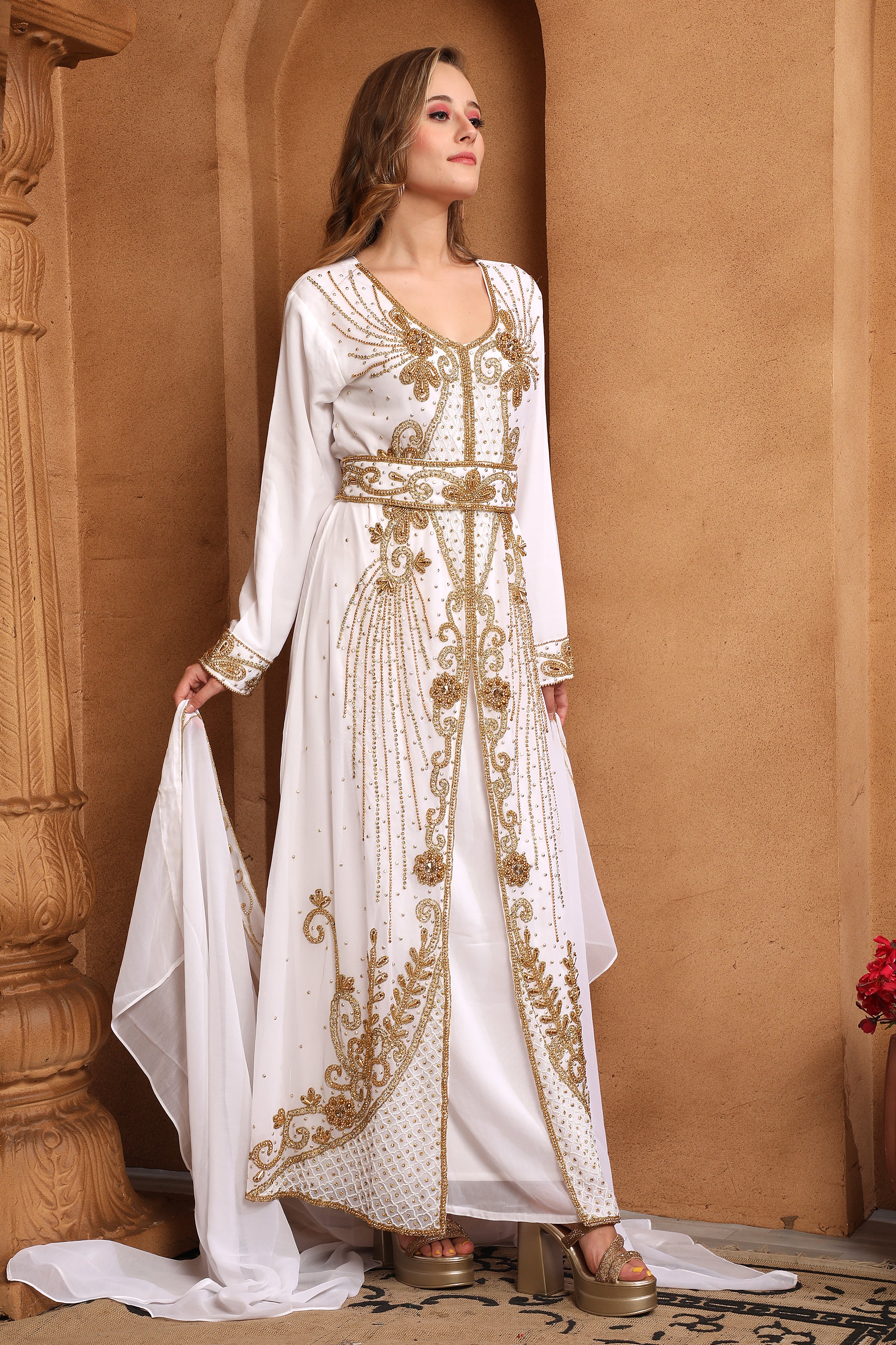 Side of Laila White Moroccan Caftan With Hand Embroidery